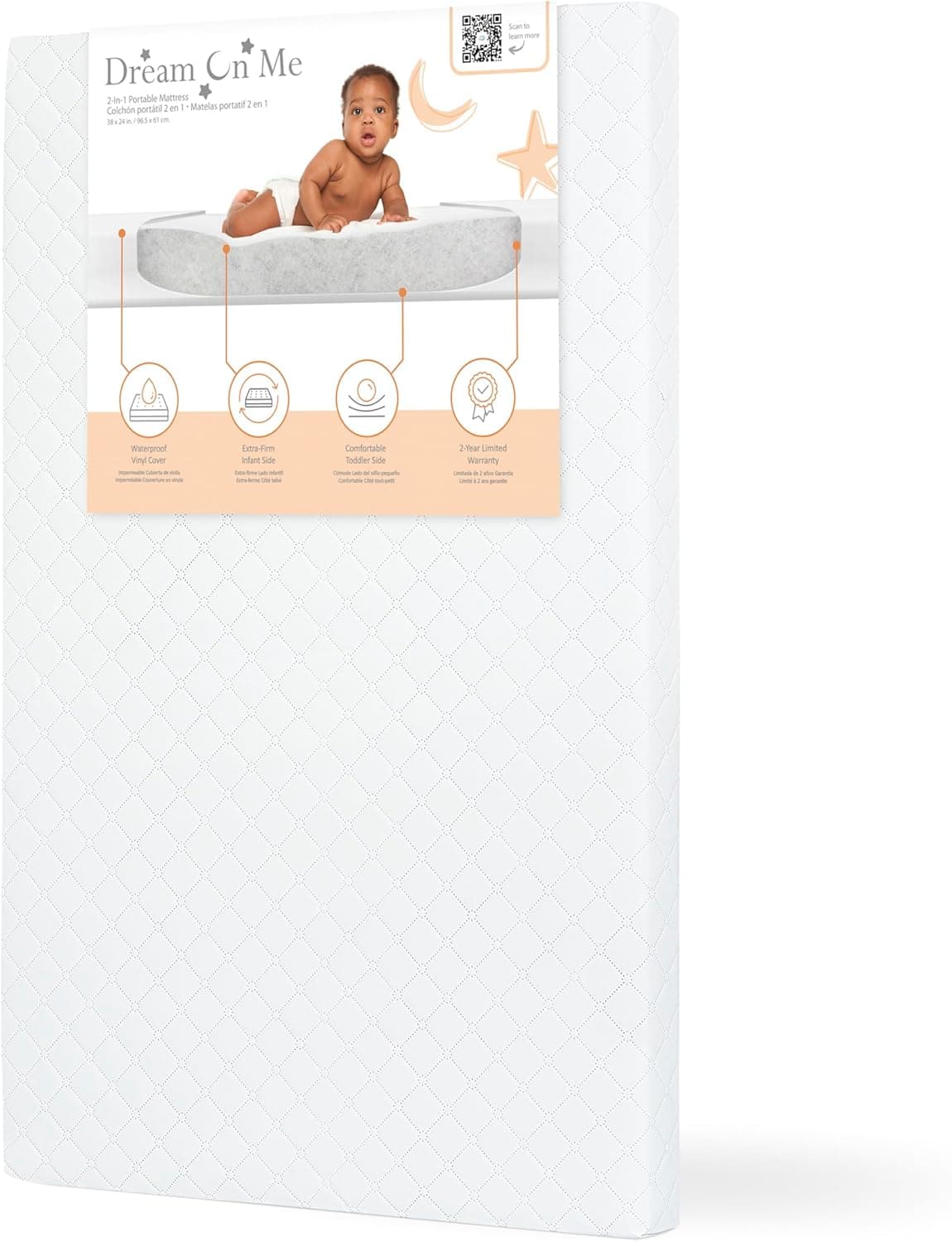 Dream On Me Holly 2-in-1 Mini Crib Mattress, Dual-Sided, GREENGUARD Gold, 38x24x3