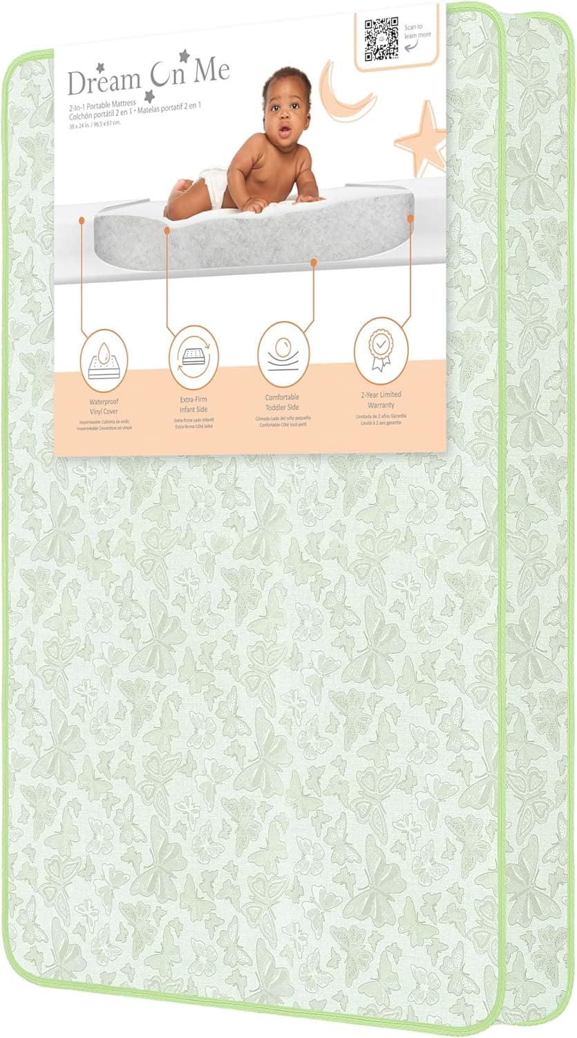Dream On Me Aster 2-in-1 Mini Crib Mattress, Dual-Sided, GREENGUARD Gold, 38x24x3