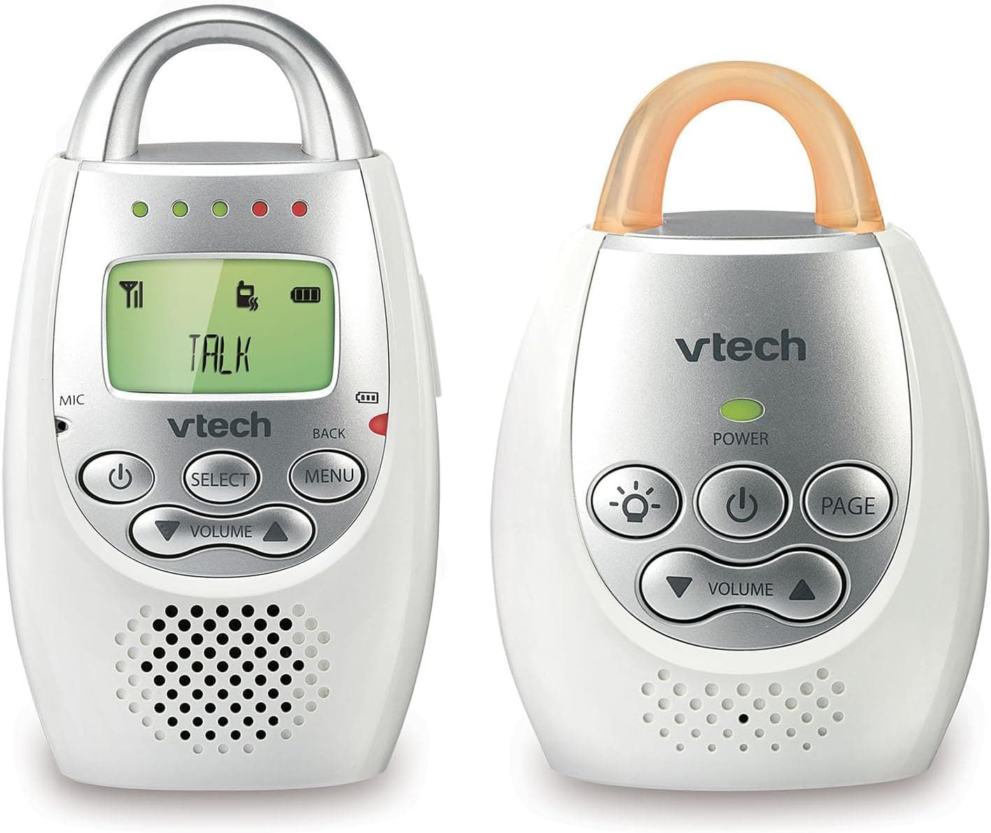 VTech DM221 Audio Baby Monitor, 1000 ft Range, Vibrating Sound-Alert, Talk Back (White/Silver)