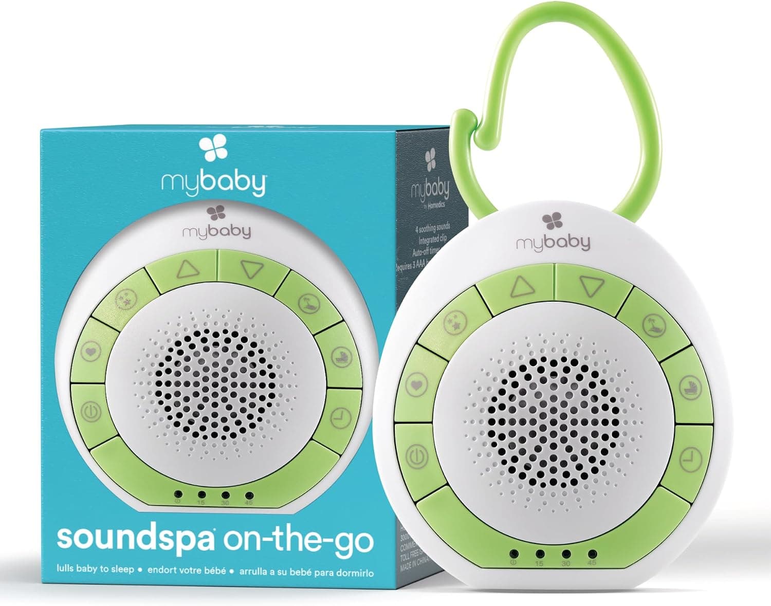 myBaby HoMedics SoundSpa On-The-Go, 4 Soothing Sounds, Integrated Clip for Stroller or Diaper Bag, Auto-Off Ti