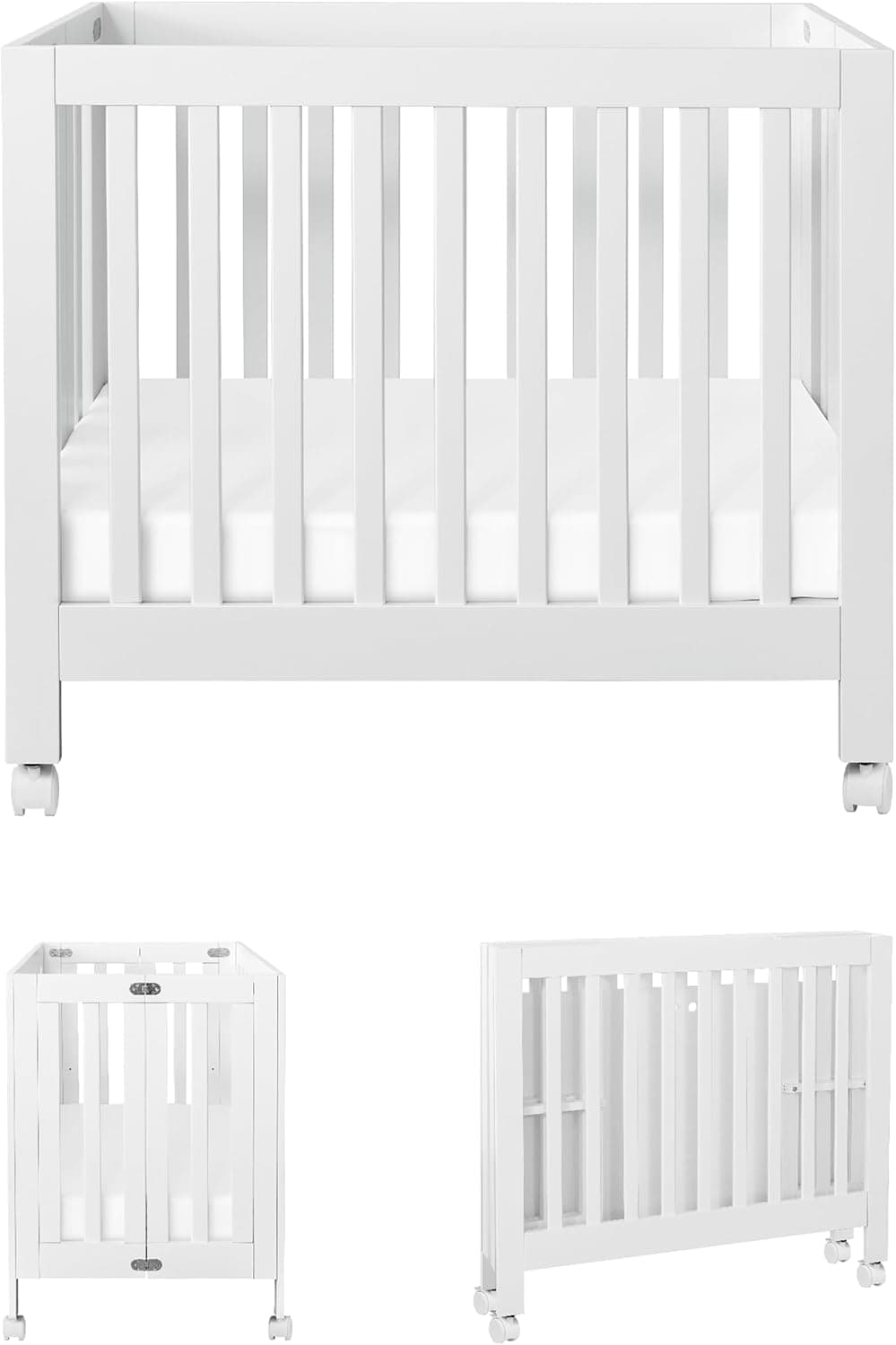 Babyletto Origami Mini Crib with Wheels & 1-inch Mattress Pad, Foldable, GREENGUARD Certified, White