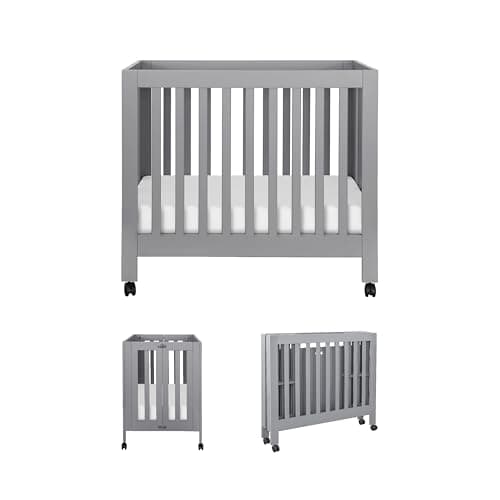 Babyletto Origami Mini Portable Crib, GREENGUARD Certified, Grey | FSC-Certified, 3-in-1 Convertible Folding Crib With Removable Wheels, 2 Adjustable Mattress Heights, 1" Mattress Pad Included
