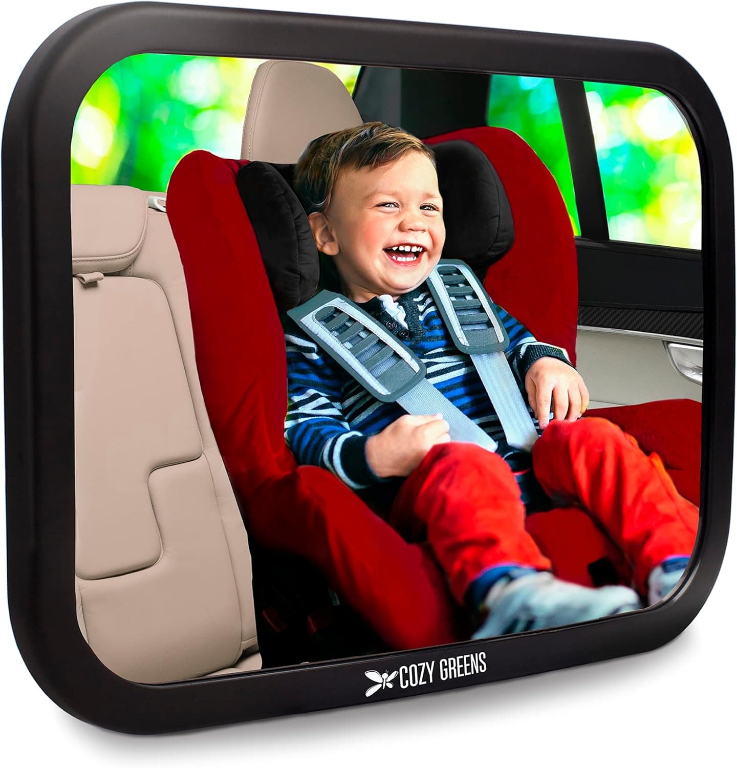 Cozy Greens Shatterproof Baby Car Mirror, Rear Facing Car Seat, Extra Wide, Crystal Clear