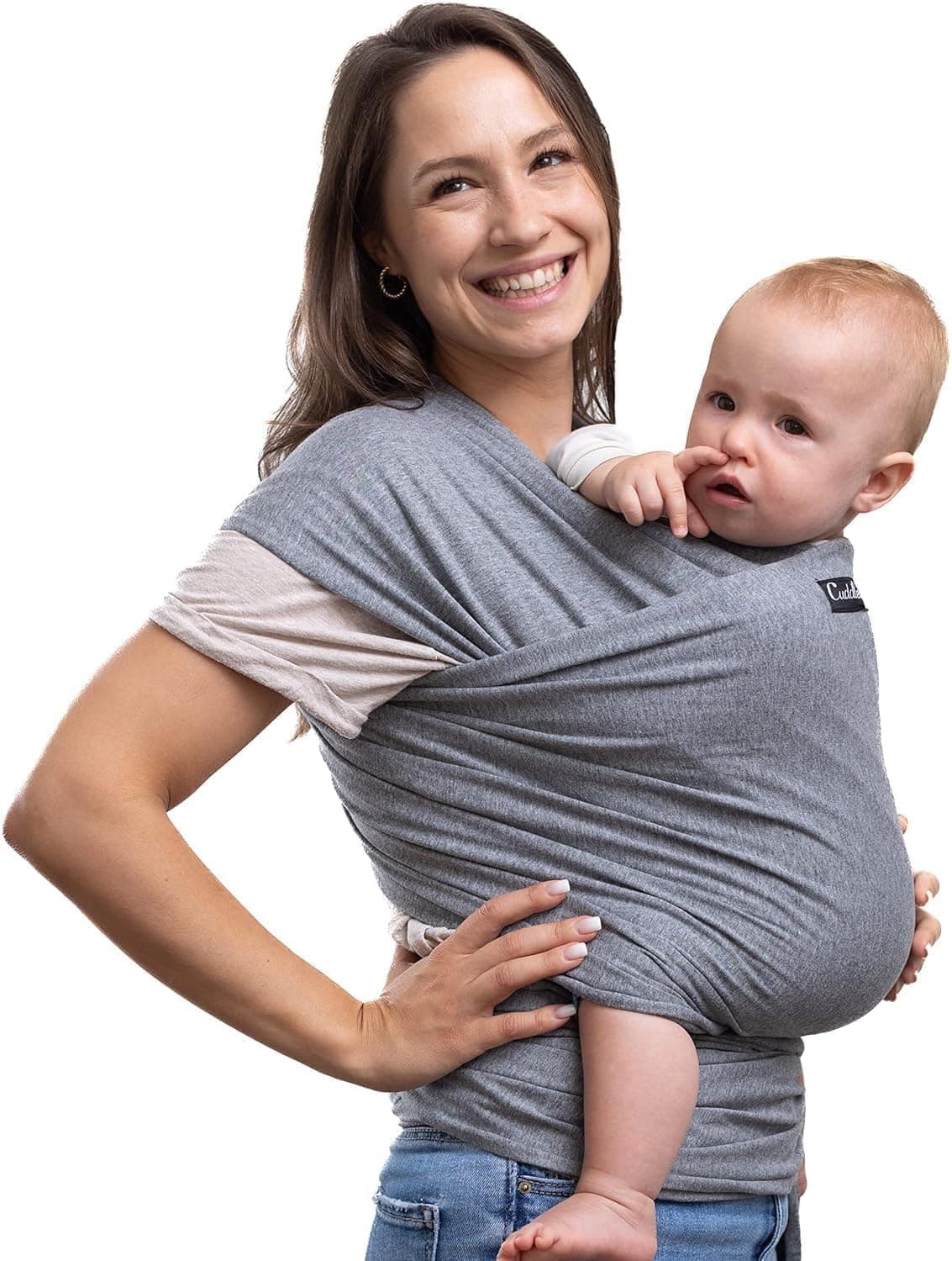 Cuddlebug Baby Wrap Carrier for Newborn 7-35 lbs, Hip Healthy Baby Sling (Gray)