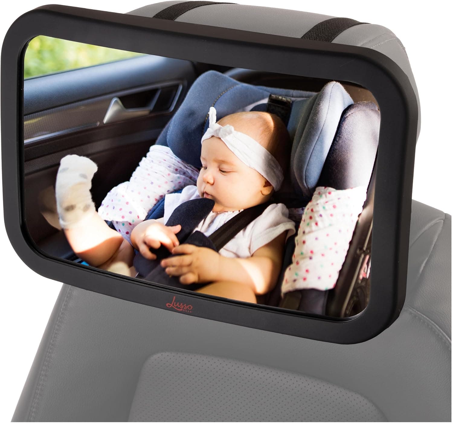 Lusso Gear Baby Car Mirror, Shatter-Resistant Glass, Wide-Angle Rear-Facing Headrest Mount, 11.5 in, Black