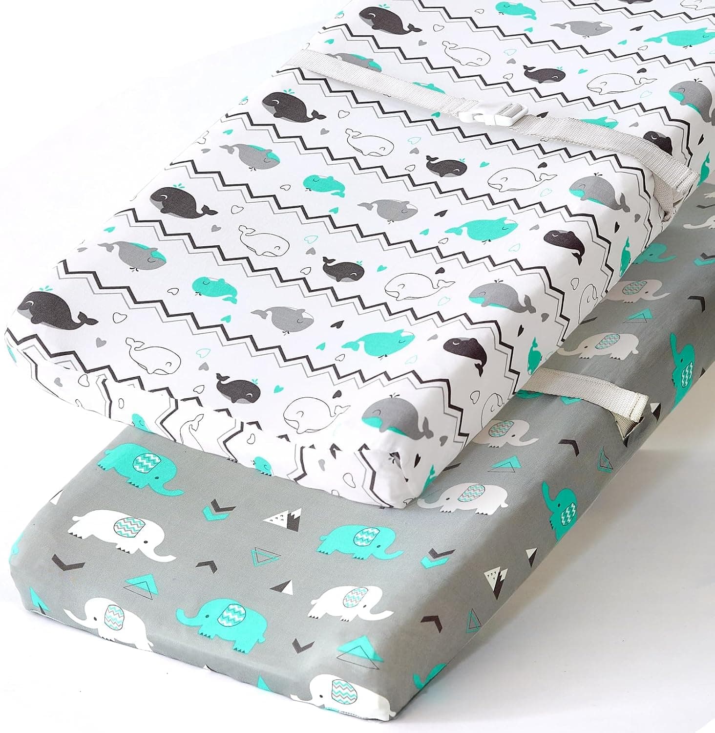 Stretchy Changing Pad Covers for Boys Girls, 2 Pack Jersey Knit, Elephant & Whale
