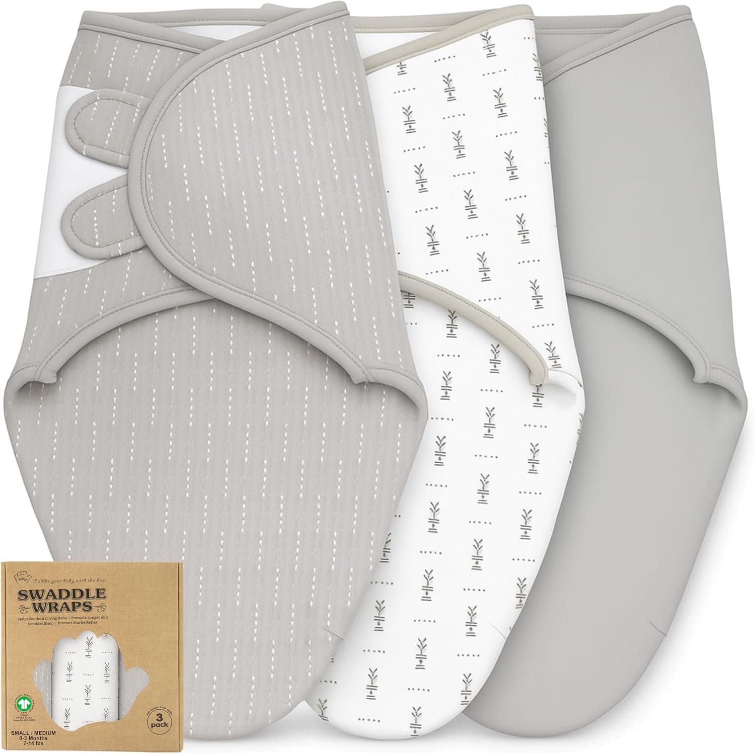 Baby Swaddle Blanket 3-Pack, Organic Cotton Adjustable Swaddle Wrap for Newborns, Grey