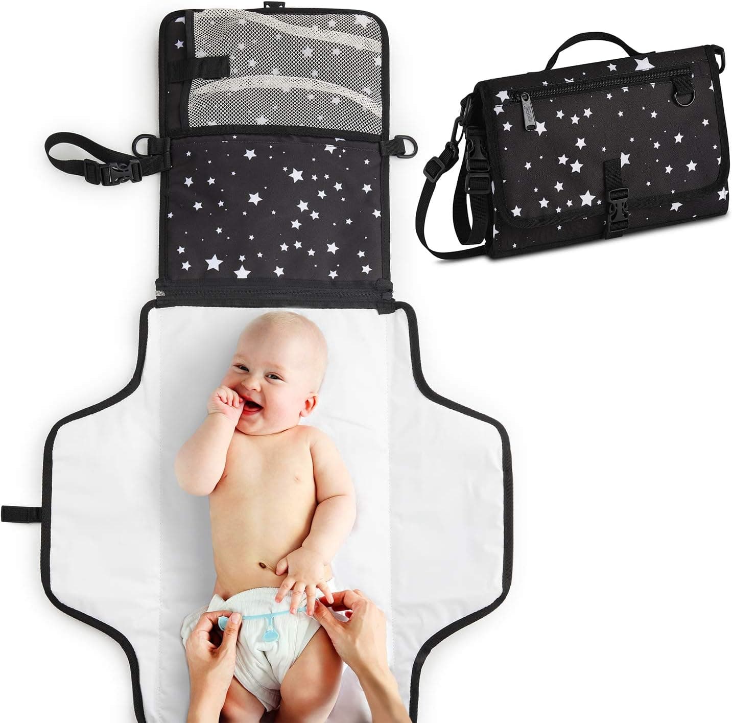 Toolik Baby Diaper Clutch with Waterproof Portable Changing Pad, Black with White Stars