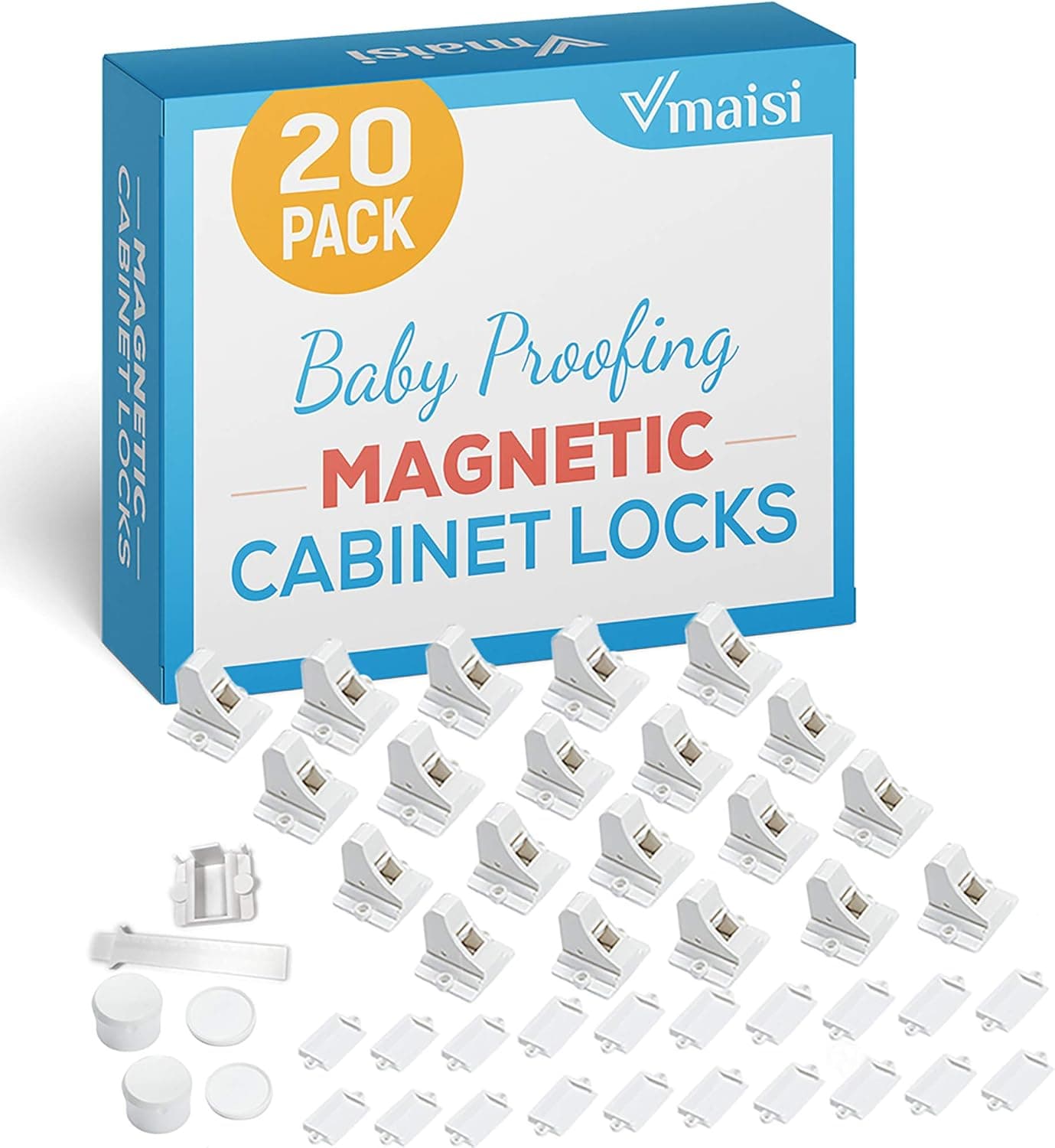 Vmaisi 20 Pack Magnetic Cabinet Locks Baby Proofing and 2 Keys - Child Safety Adhesive Lock