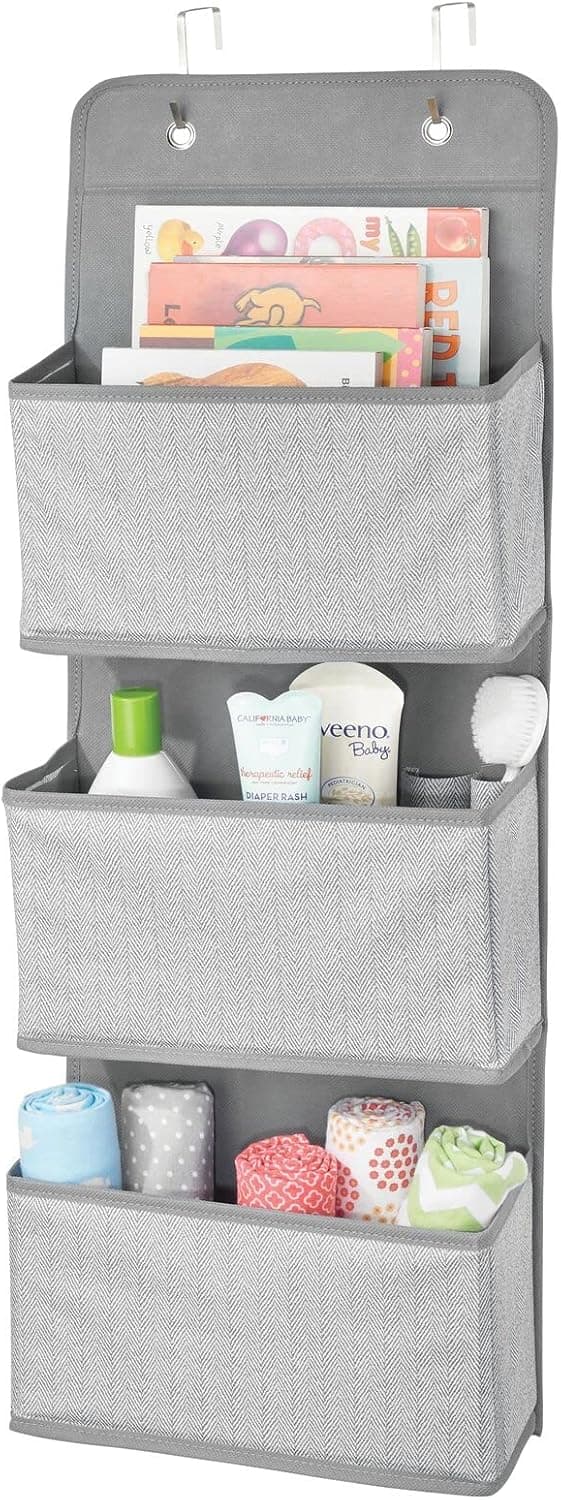 mDesign Fabric Baby Nursery Over The Door Storage, 3 Pocket Organizer Caddy, Gray Herringbone