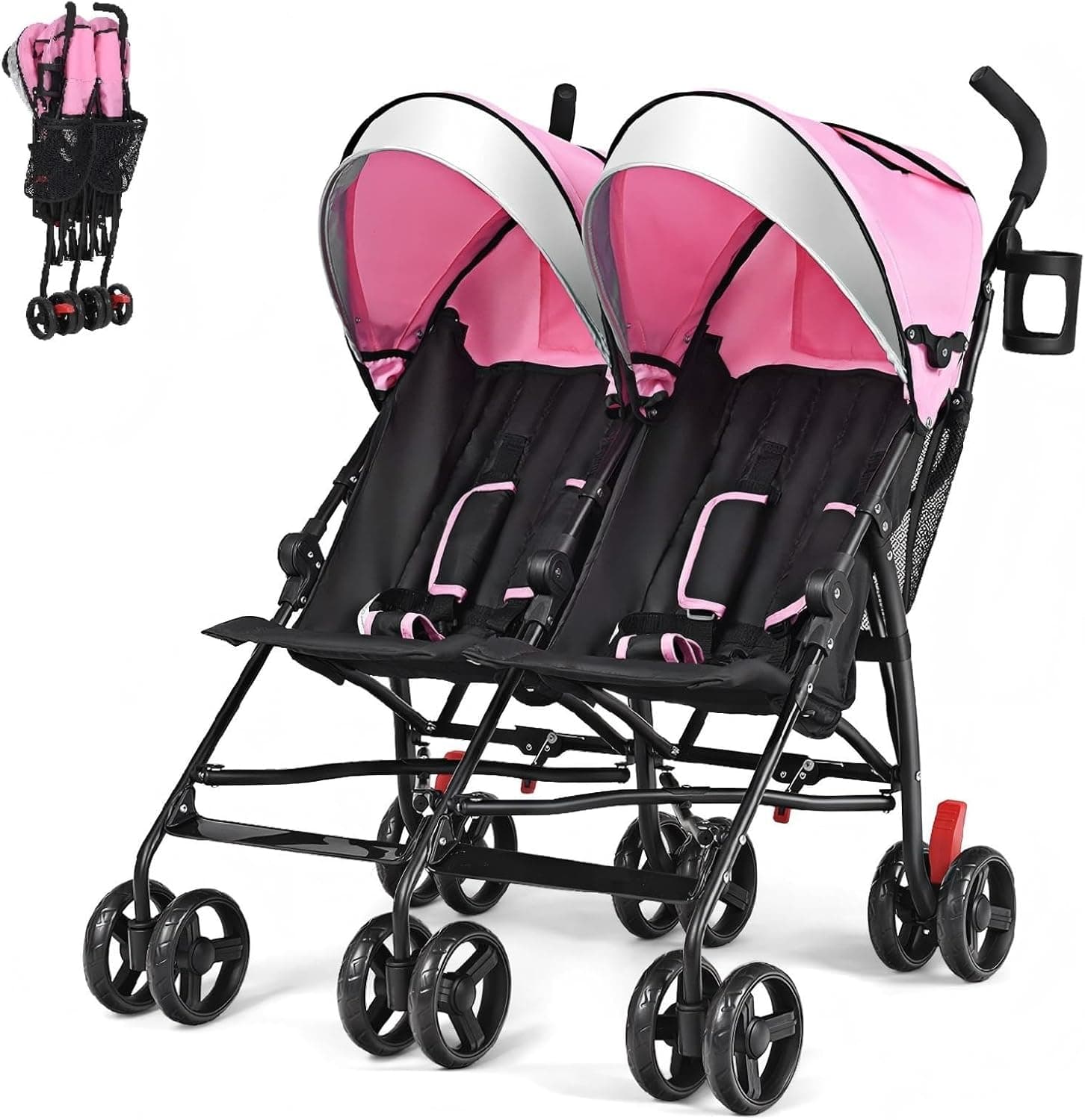 HONEY JOY Double Umbrella Stroller, Side by Side Lightweight Baby Stroller - Pink