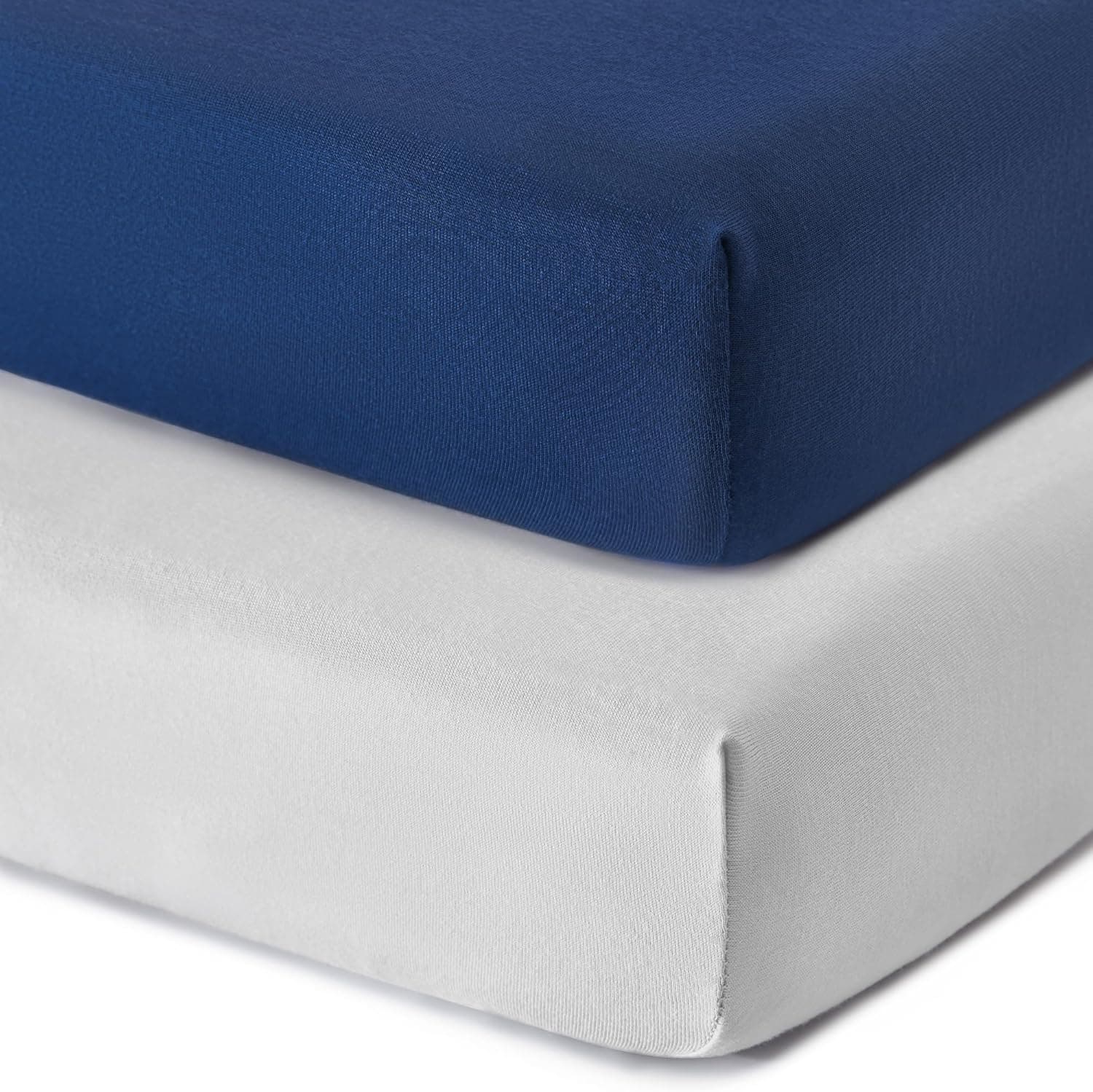 TILLYOU Mini Crib Fitted Sheets 2 Pack - Soft Jersey Knit Microfiber Playpen Bedding Sheet, Portable Mini Pack n Play Sheet, Machine Washable, 38'' x 24'' (Light Gray & Navy Blue)