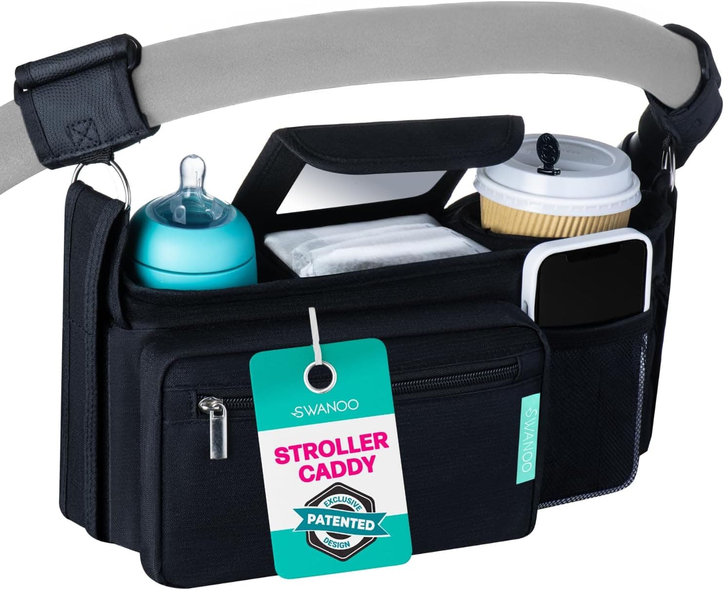 Swanoo Stroller Caddy Organizer with Cup Holder, Non-Slip Straps, Universal Fit