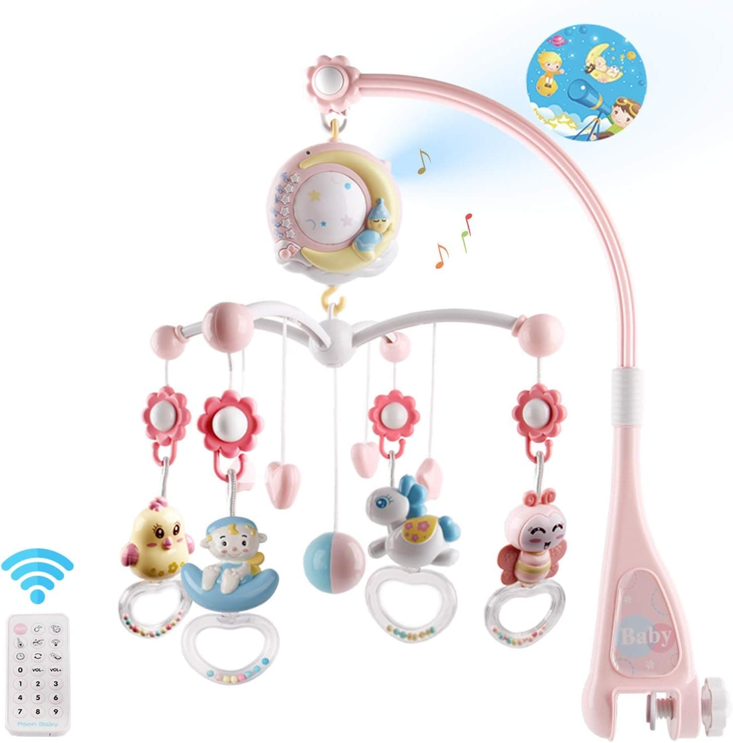 Baby Musical Crib Mobile with Timing Function Projector and Lights, Hanging Rotating Rattles and Remote Control Music Box with 150 Melodies, Crib Toy 0-24 Months