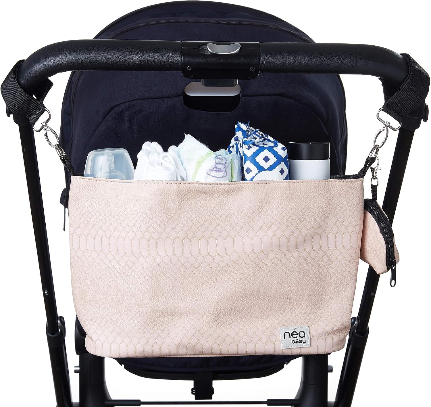 Stylish Stroller Organizer with Cup Holders and Detachable Pacifier Holder Case, Blush Crocodile