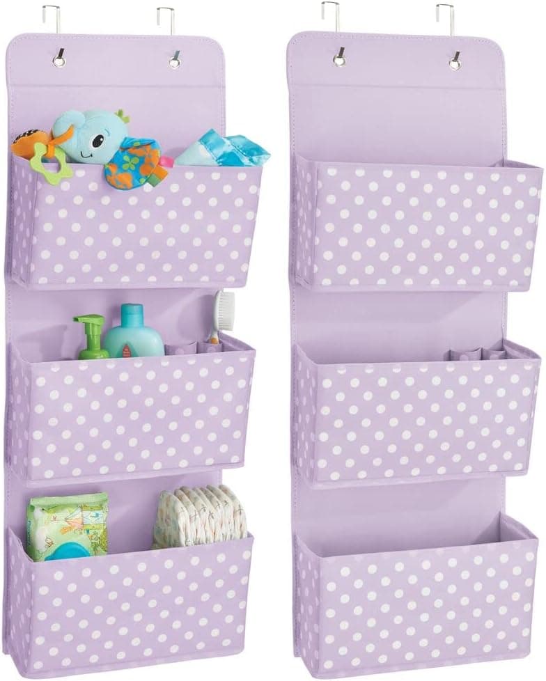 mDesign Fabric Over the Door 3 Pocket Organizer Caddy, Polka Dot, 2 Pack, Purple/White