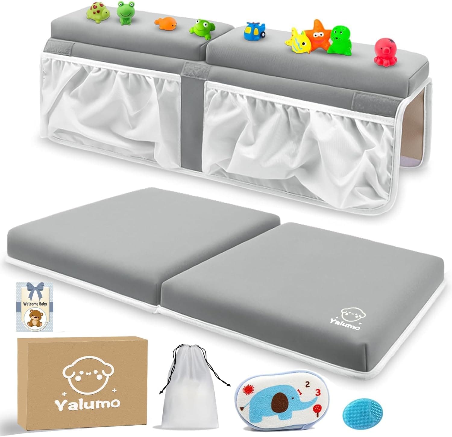 Bath Kneeler and Elbow Rest Pad Set for Baby Bathtub, Thick Non-Slip Bathing Kneeling Mat Cushion Quick Drying with Arm Support and Pockets, Gray