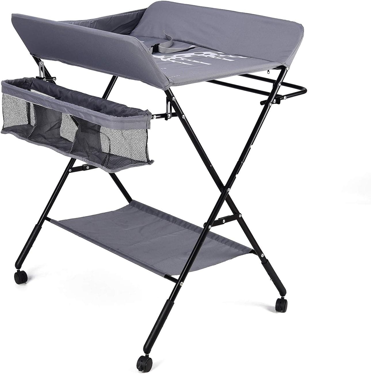 Baby Folding Changing Table with Wheels, Adjustable Height Portable Diaper Station with Drying & Storage Rack