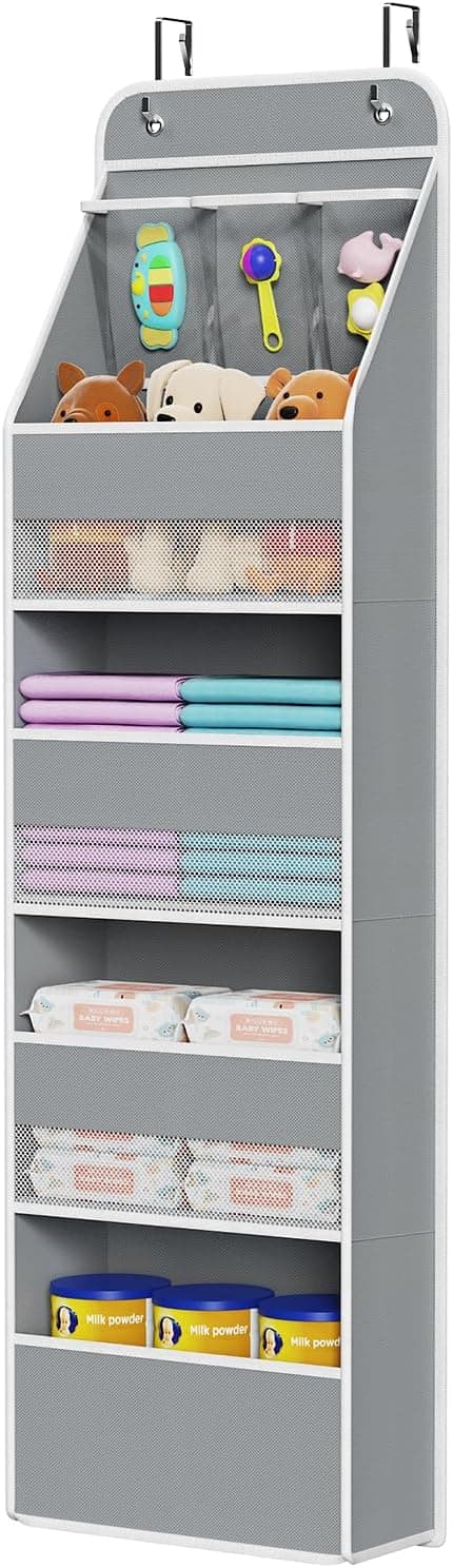 Univivi 5-Shelf Over Door Hanging Organizer with 4 Large Pockets for Baby Nursery, Grey
