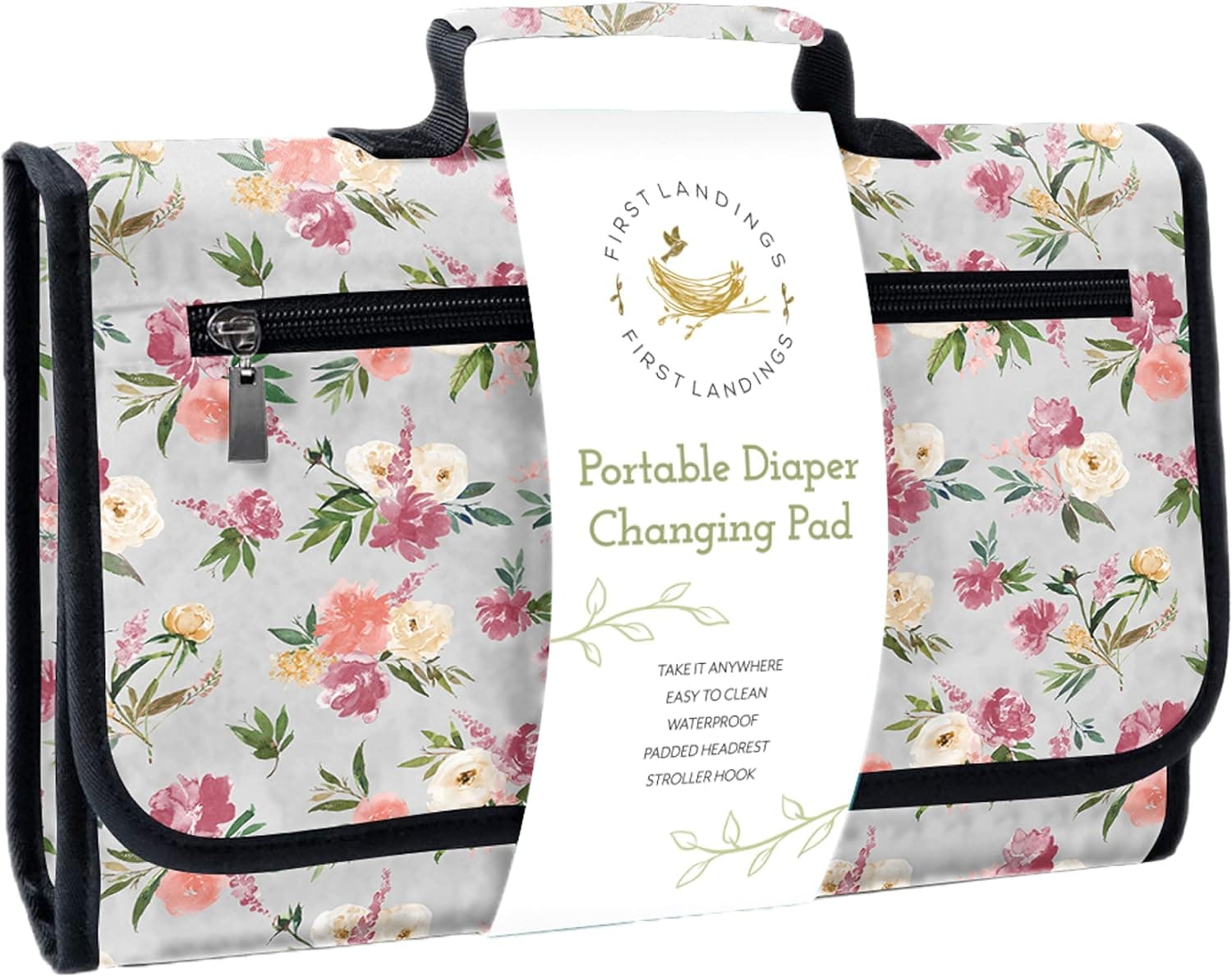First Landings Portable Diaper Changing Pad - Convenient Travel Changing Pad and Wipe Holder, Grey