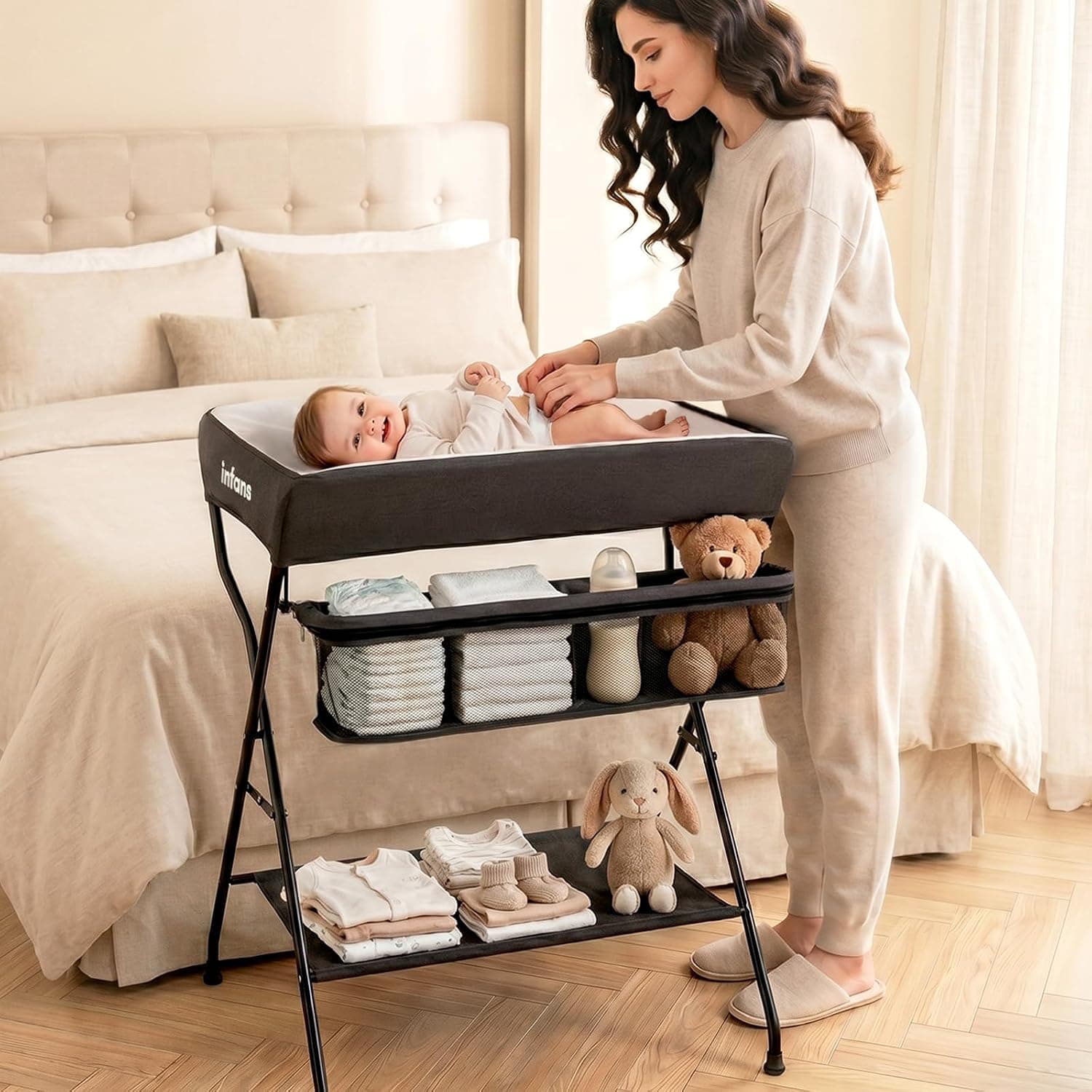 INFANS Baby Changing Table, Folding Diaper Station Portable Nursery Organizer (Black)