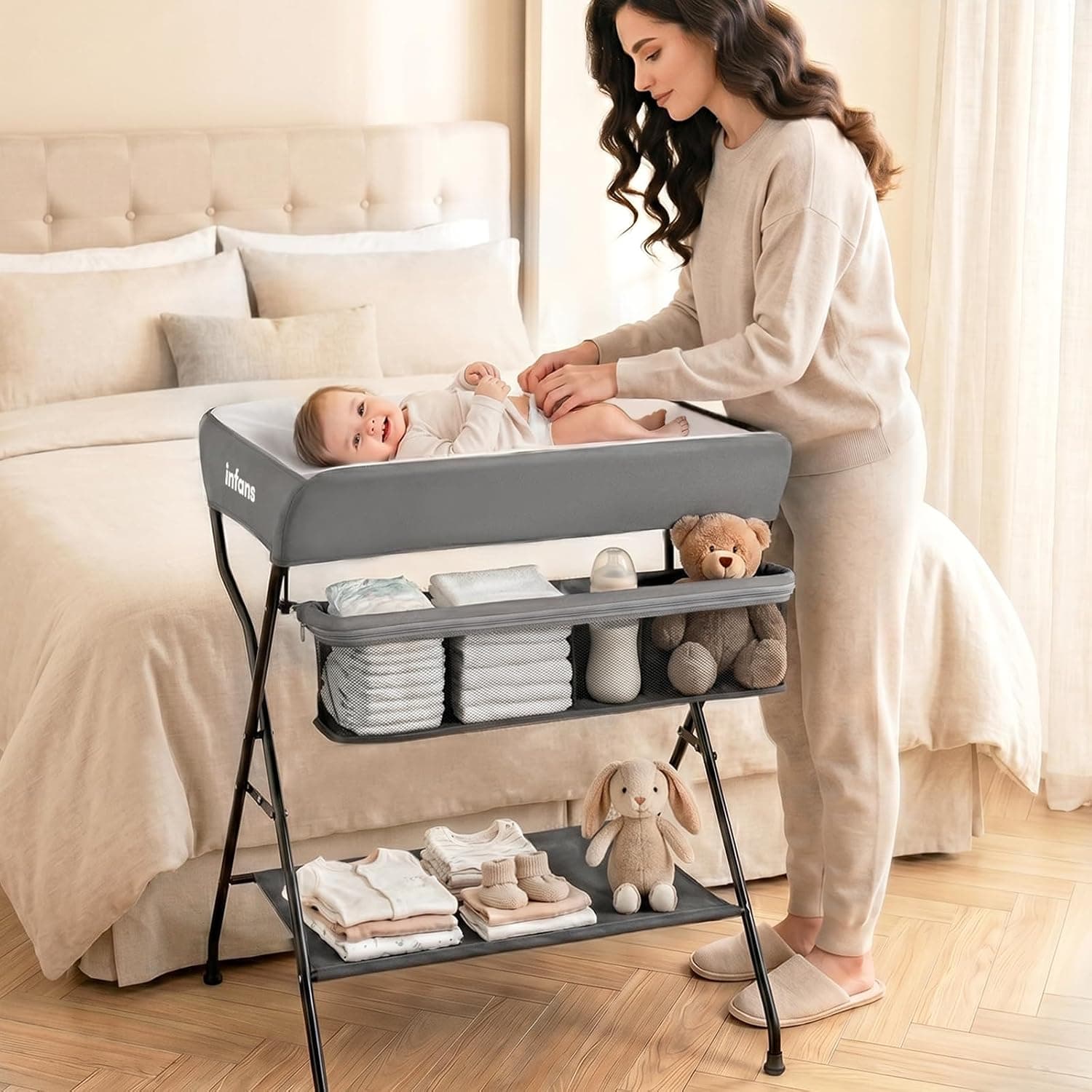 INFANS Baby Changing Table, Folding Diaper Station Portable Nursery Organizer with Safety Belt (Grey)