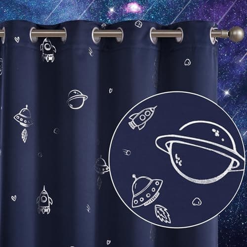 Vangao Navy Blackout Kids Curtains for Boys Space Theme 63 Inches 2 Panels