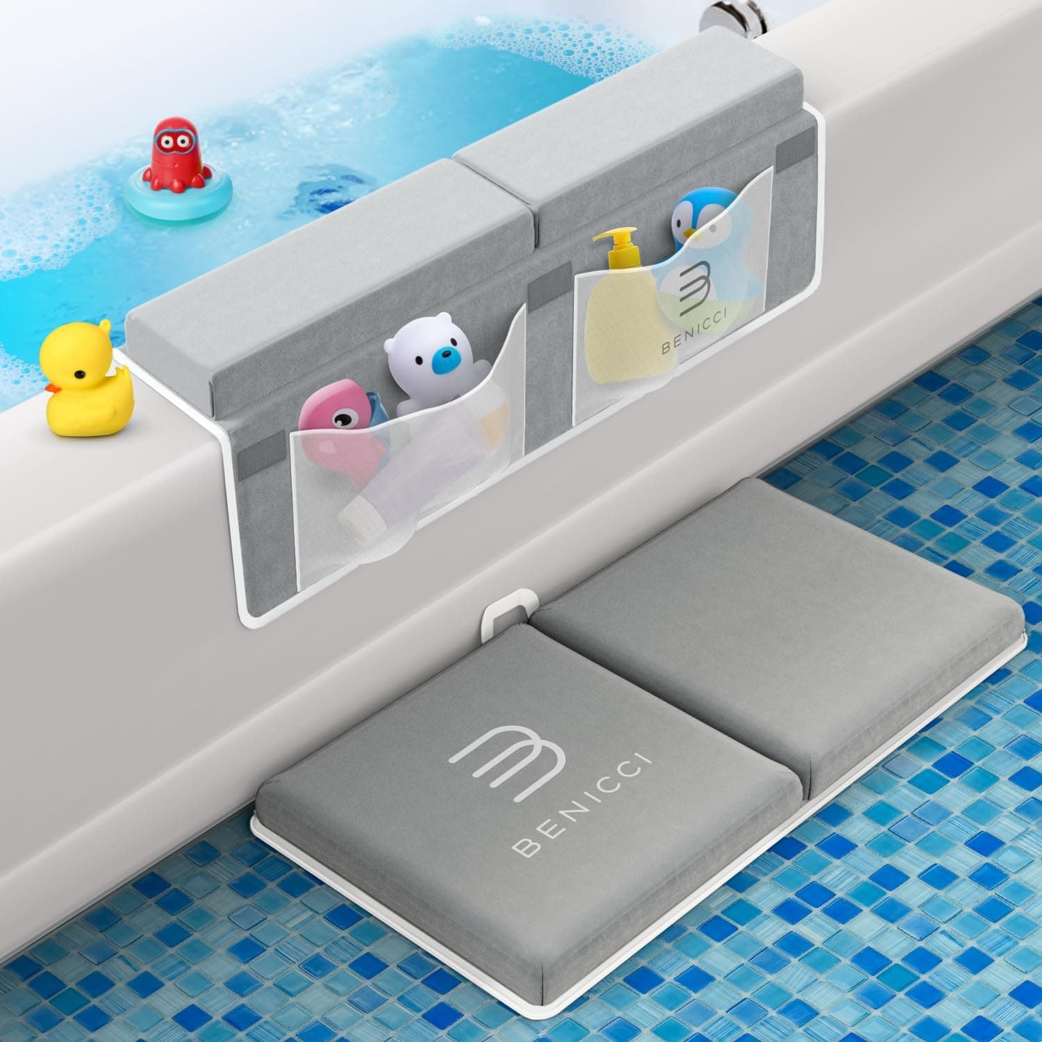 Benicci Comfortable Bath Kneeler and Elbow Kneeling Rest Pad for Baby Bathing - Painless Foam Mat with Toy Organizer Pockets, Quick Drying, Foldable, Non-Slip