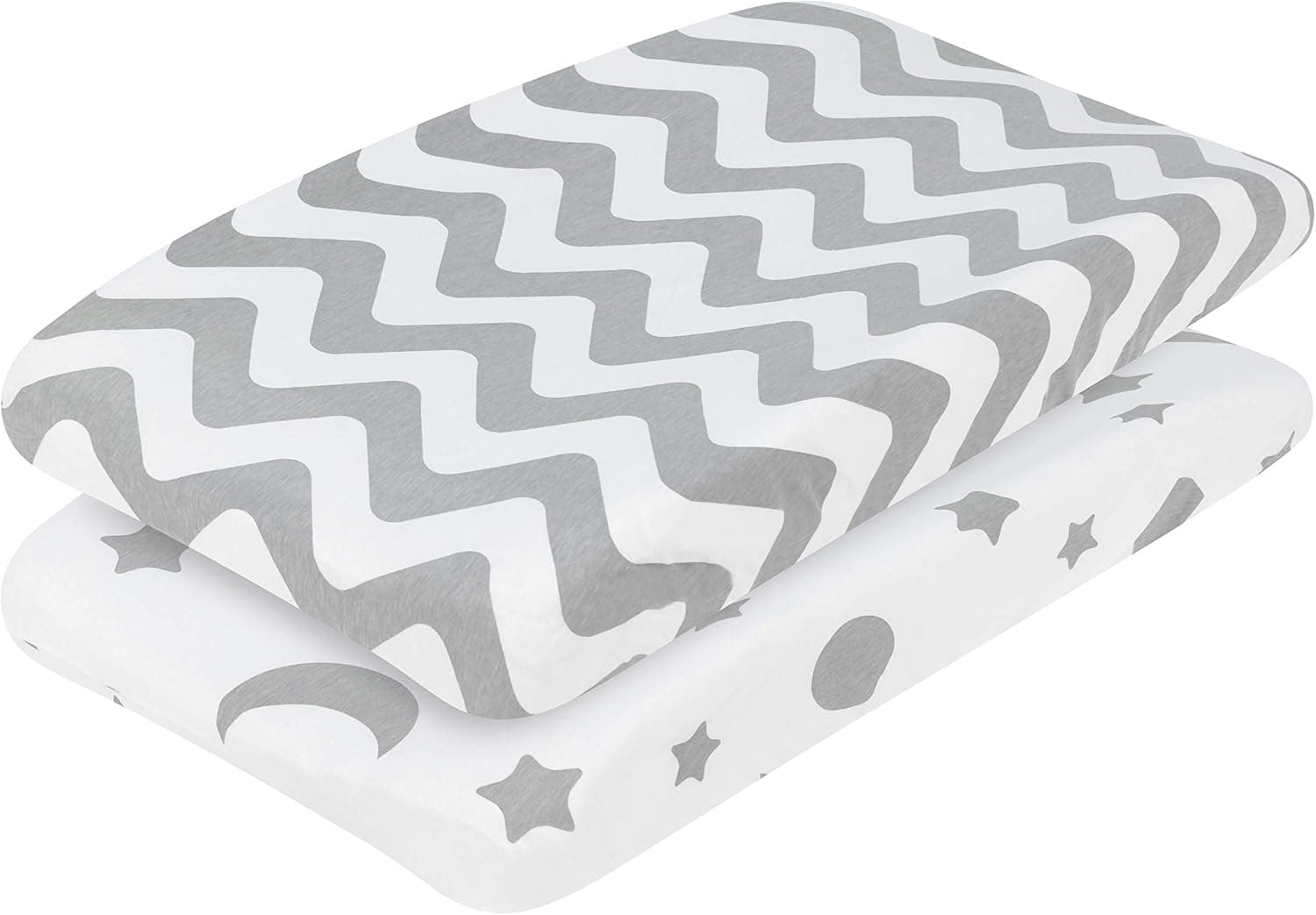 EVERYDAY KIDS 2 Pack Baby Changing Pad Covers - 100% Cotton Jersey Knit - Gray Moon and Stars + Chevron