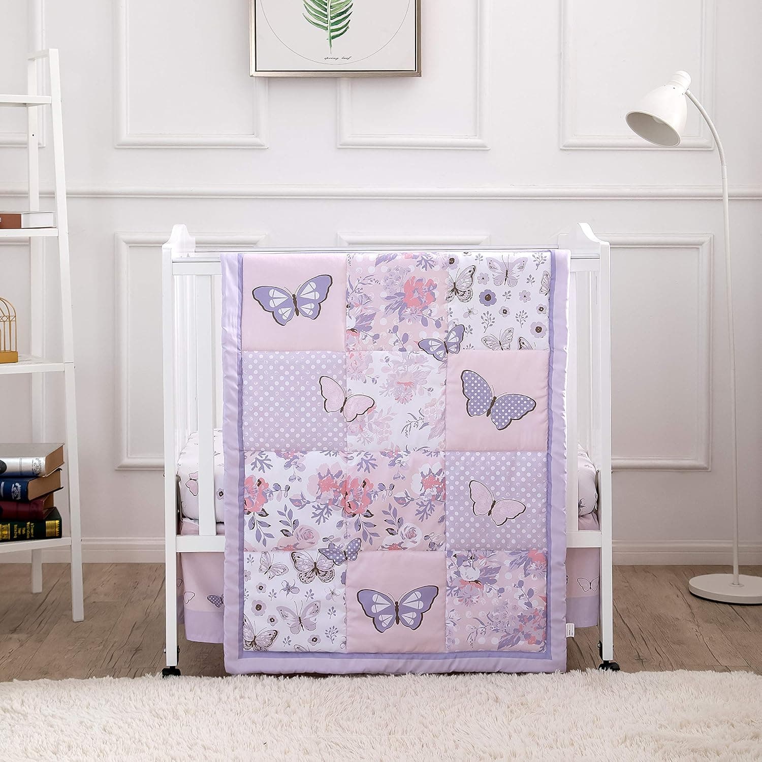 La Premura Baby Mini Crib Bedding Set for Girls, Pastel Purple Butterfly, 3 Piece