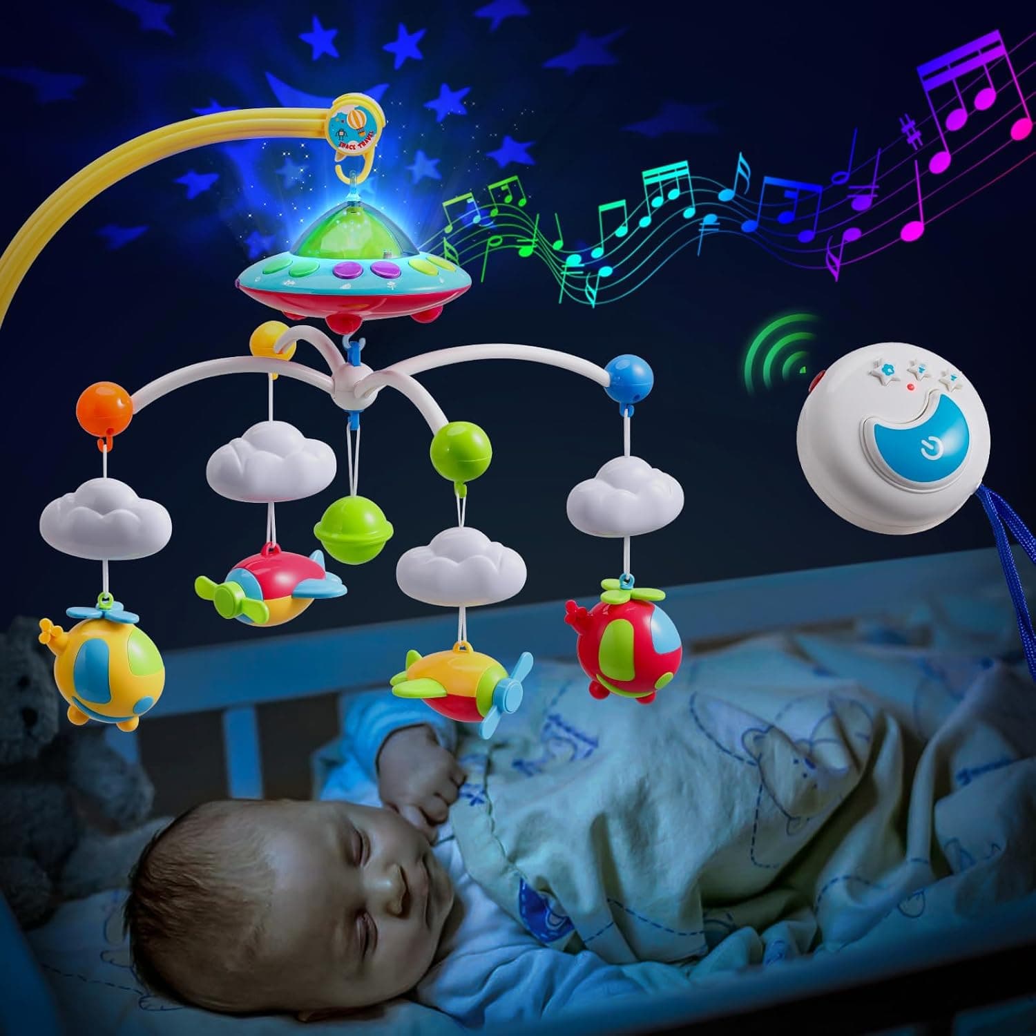 Baby Musical Crib Mobile with Hanging Rotating Toys, Remote Control, Lights Projector Music Box, Cartoon Rattles for 0-24 Months, 108 Melodies (Plane)