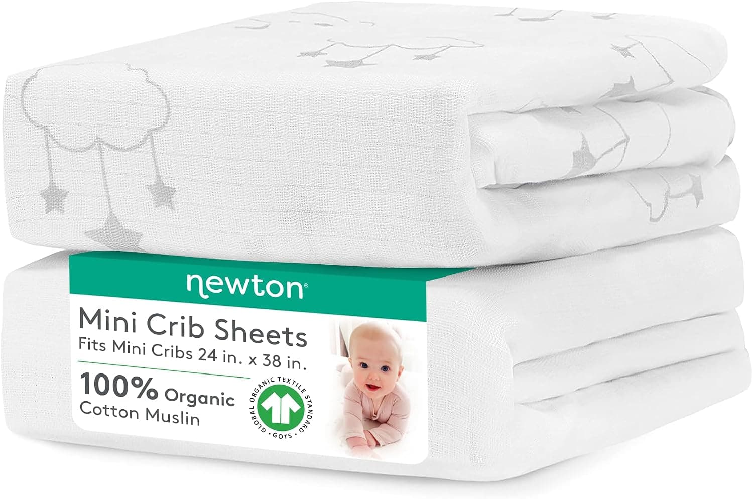 Newton Baby Mini Crib Fitted Sheets (2-Pack) | Organic Muslin Cotton, Fits Any Mini Sized Crib 24" x 38" (Wishing on a Star Print + White)