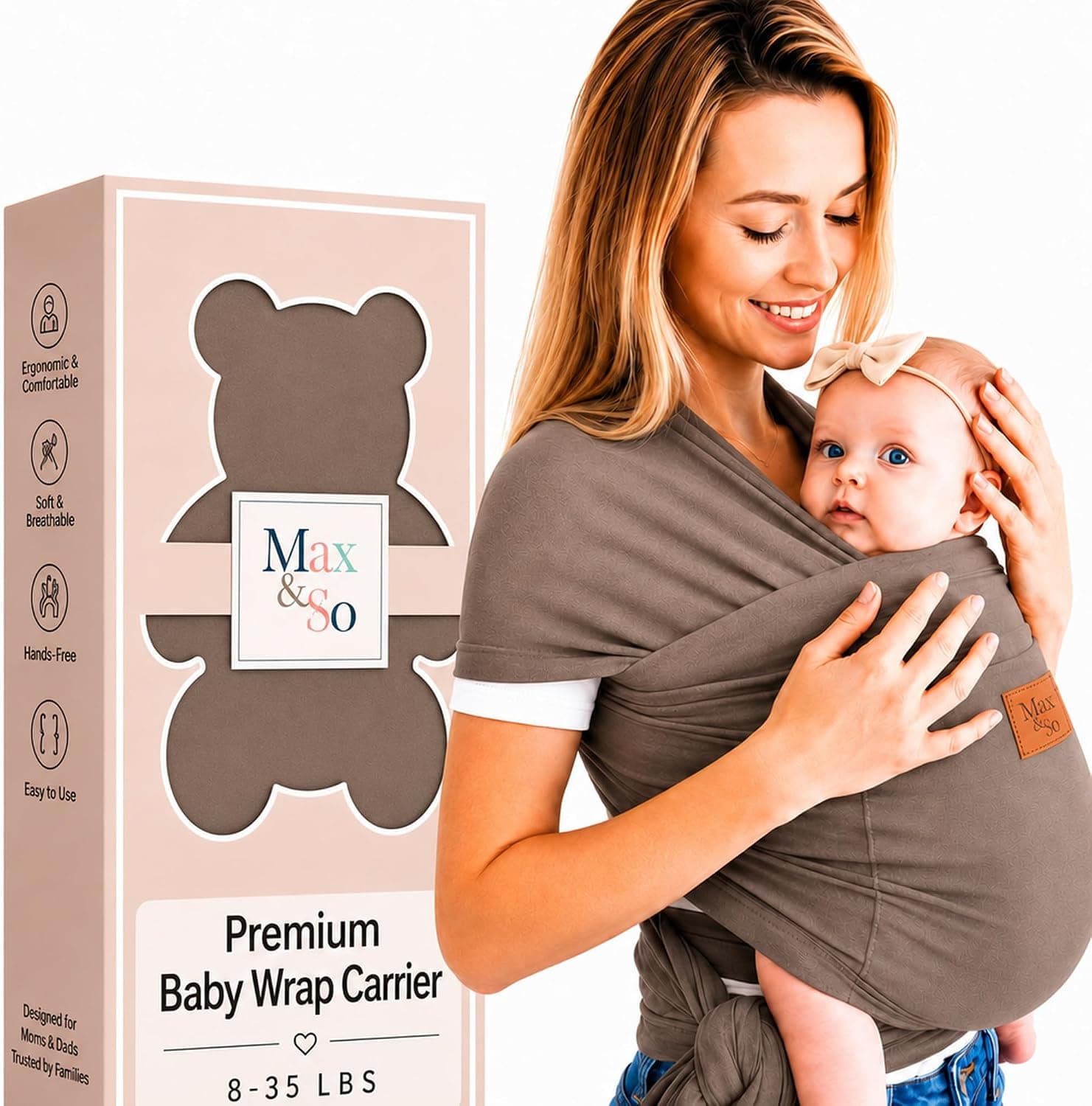 Baby Wrap Carrier with Front Pocket, 95% Cotton 5% Spandex, 8-35 lbs (Grey)