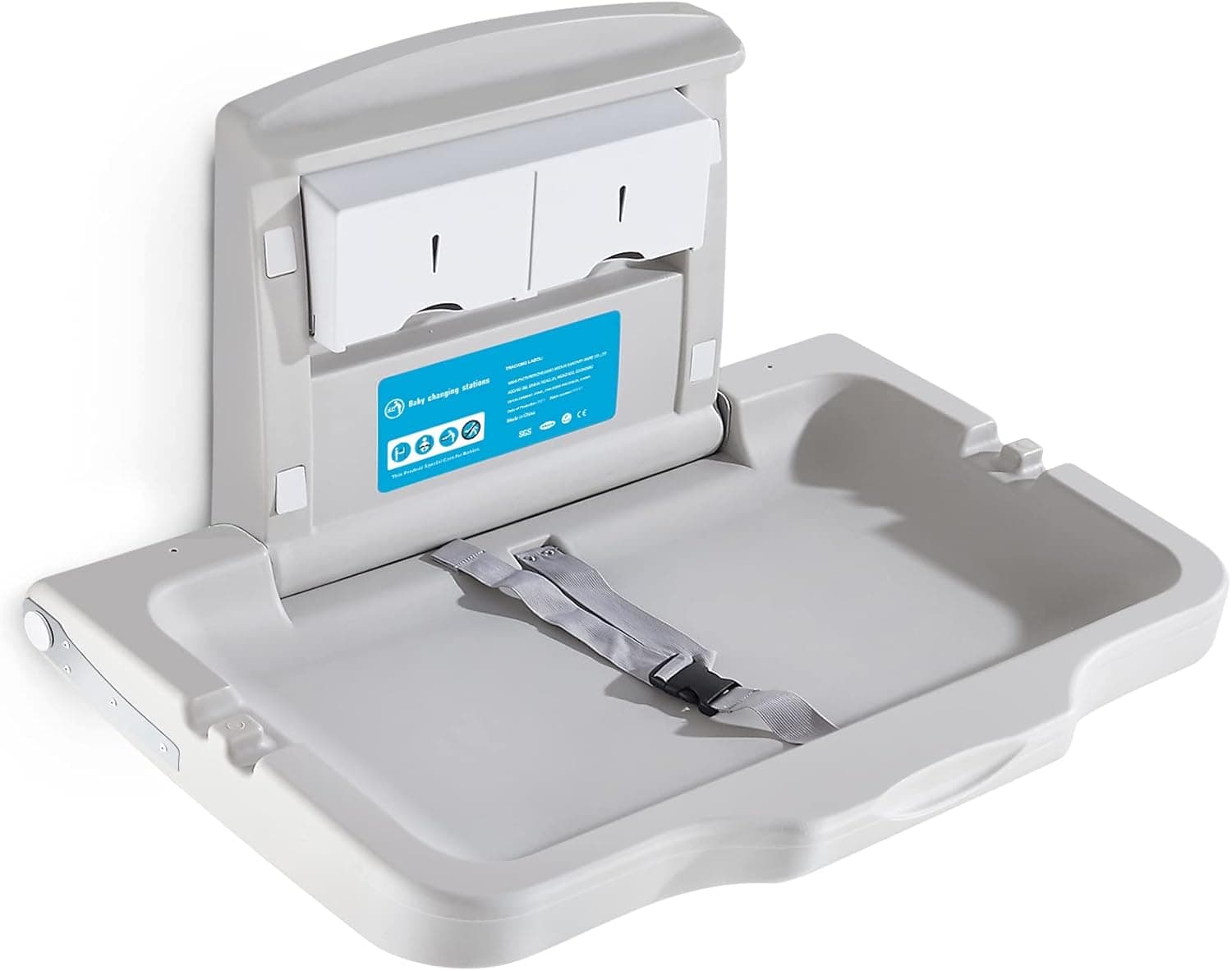 KSITEX Baby Changing Station Wall Mounted, HDPE Fold-Down Diaper Station with Safety Strap