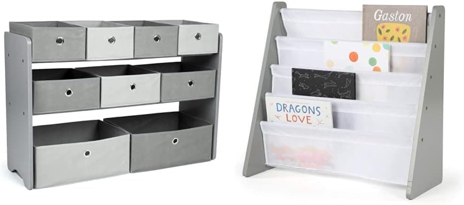 Humble Crew Kids Toy Organizer with 9 Fabric Bins & Book Rack Bookshelf, 4 Tiers, Grey