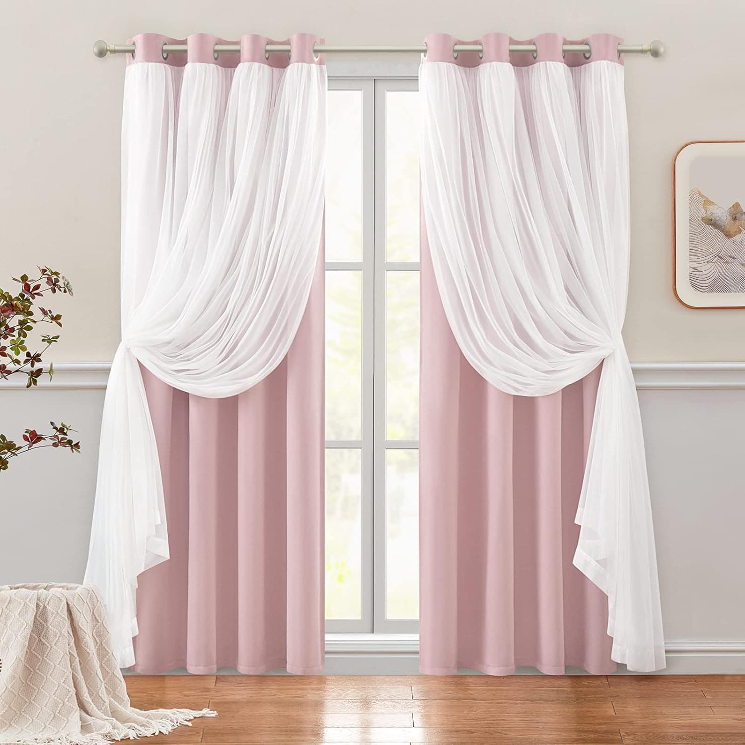 HOMEIDEAS Double Layer Pink Blackout Curtains 84 Inch Length 2 Panels Nursery Grommet Drapes with Sheer Overlay for Girls Kids Bedroom