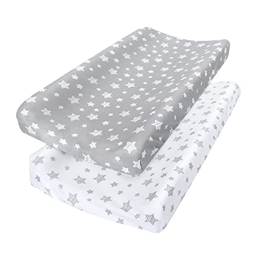 Changing Pad Cover for Boys Girls, Soft Unisex Diaper Change Table Sheets | Fit 32"x16" Contoured Pad, Comfy Cozy 2-Pack Cradle Sheets, Grey & White