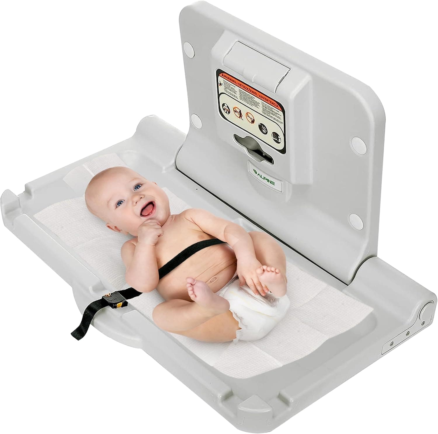 Alpine Wall Mounted Baby Changing Station, Horizontal Foldable Diaper Table with Safety Strap (Black)
