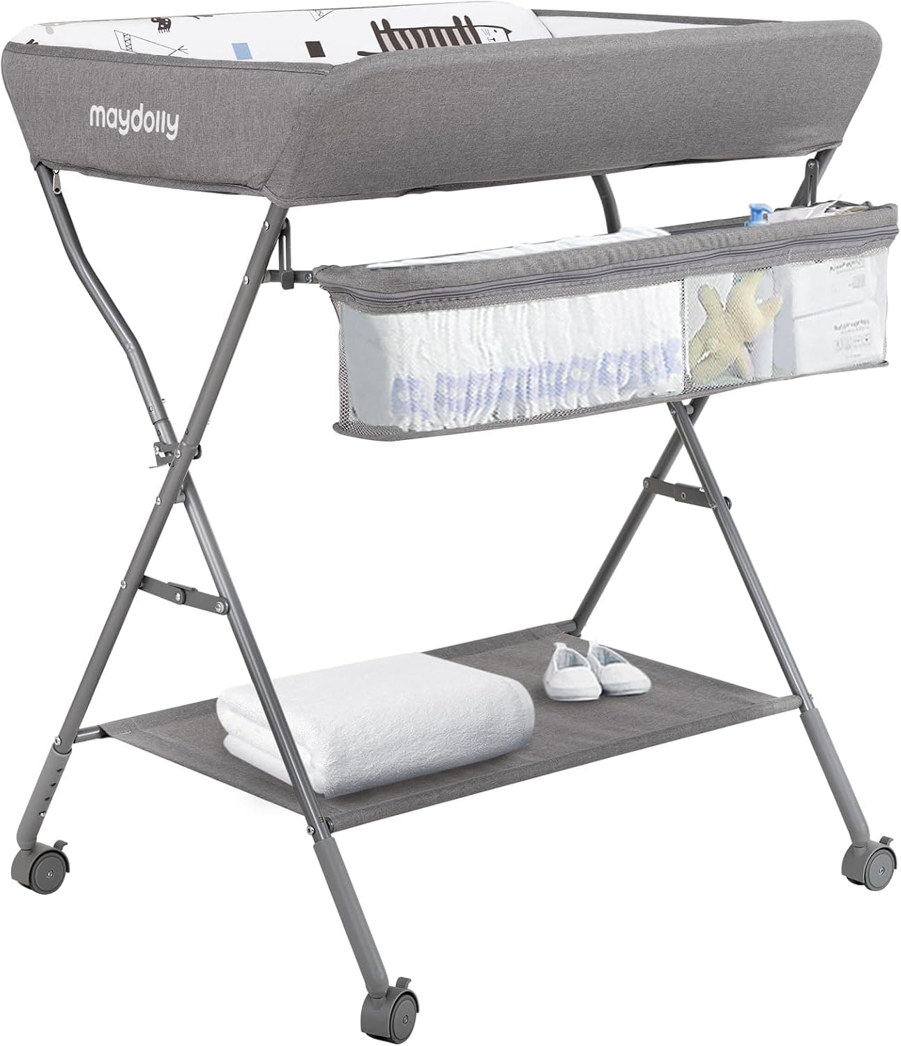 Maydolly Baby Changing Table with Wheels, Portable Adjustable Height Folding Diaper Station (Light Grey)