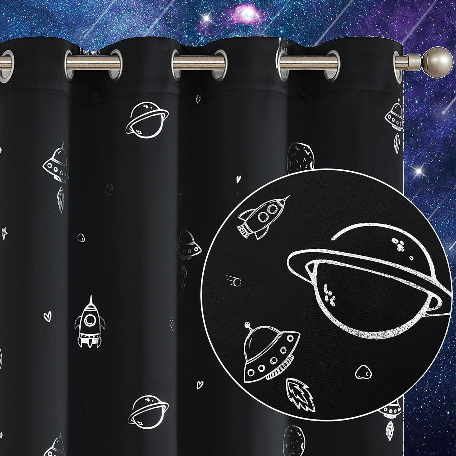 Vangao Black Kids Curtains Space Theme Blackout Curtains for Kids Nursery, 63 Inches Length, Silver Foil Print Grommet Top, Set 2 Panels