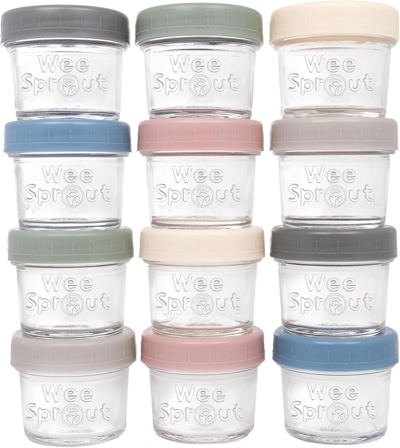 WeeSprout Glass Baby Food Storage Jars w/Lids (4 oz, 12 Pack Set), Reusable Small Containers, Fridge or Freezer, Microwave & Dishwasher Safe