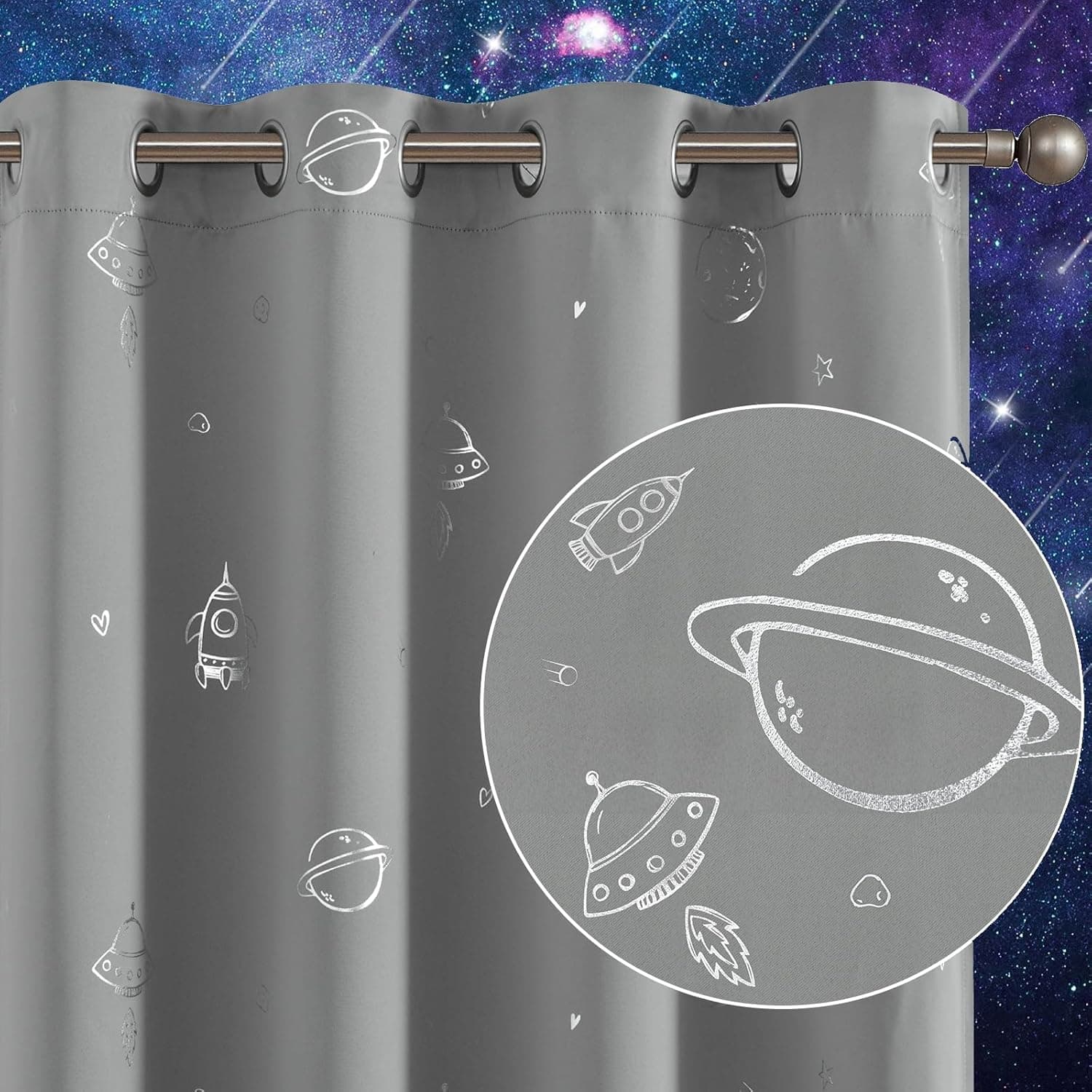 Vangao Grey Kids Curtains Space Theme Blackout Curtains for Kids Nursery, 63 Inches Length, Silver Foil Print Grommet Top, Set 2 Panels