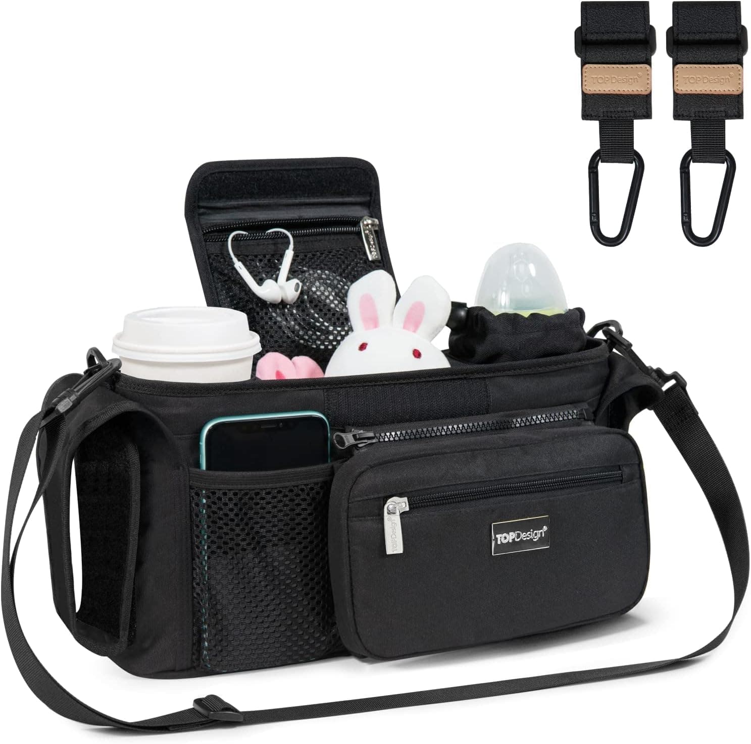 TOPDesign Universal Baby Stroller Organizer, Stroller Caddy with Heightened Insulated Cup Holders, Machine Washable (Black)