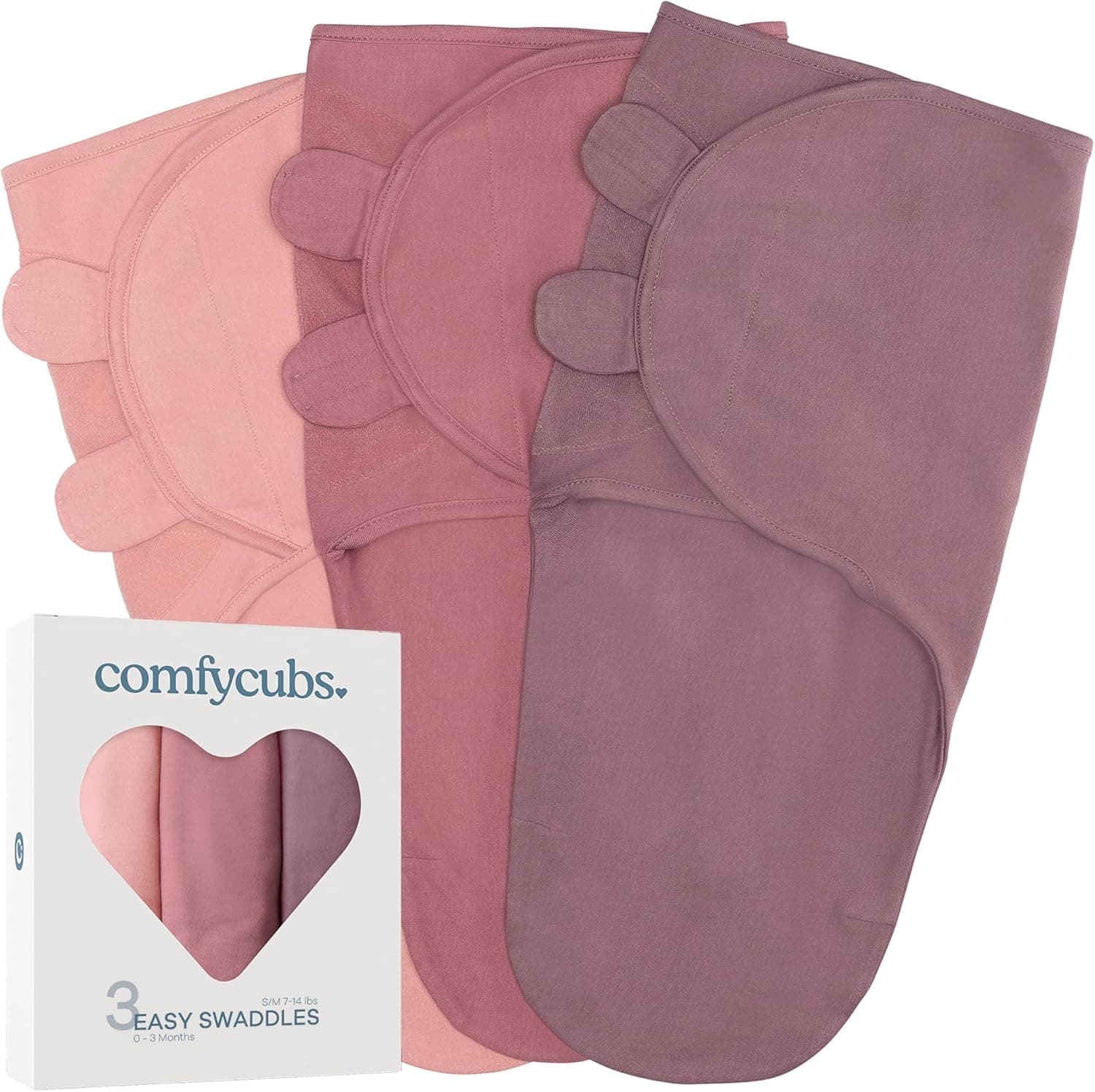 Comfy Cubs Easy Swaddle Blanket, 3 Pack - 100% Cotton Newborn Wrap (Blush, Mauve, Mulberry)