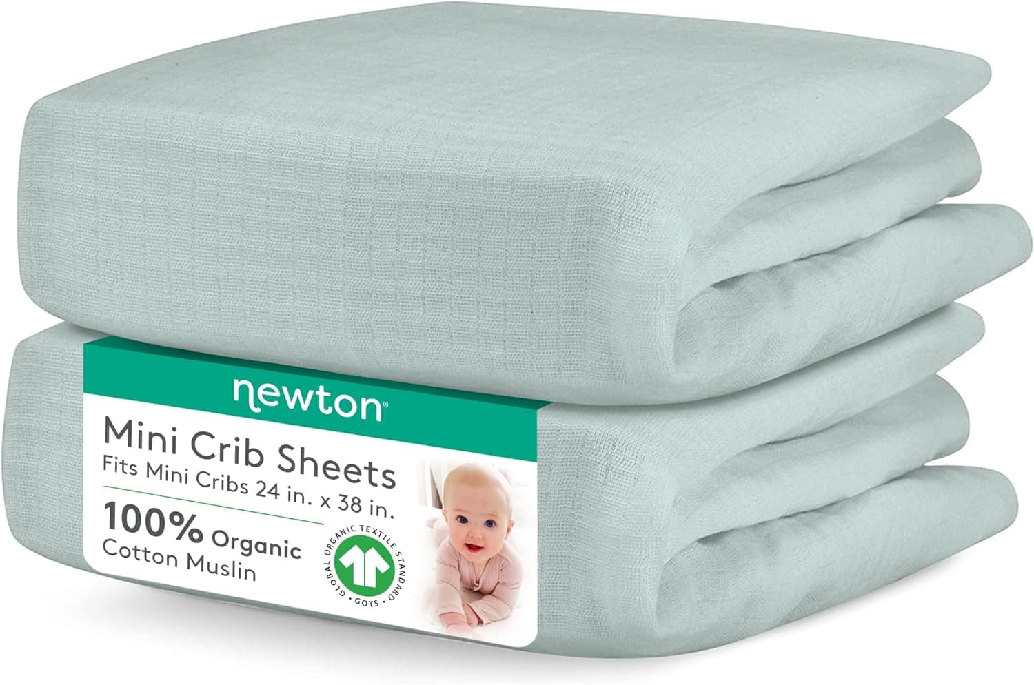 Newton Baby Mini Crib Fitted Sheets (2-Pack) | Organic Muslin Cotton, Ultra Breathable & Soft, Machine Washable, Fits Any Mini Sized Crib 24" x 38" (Sage)