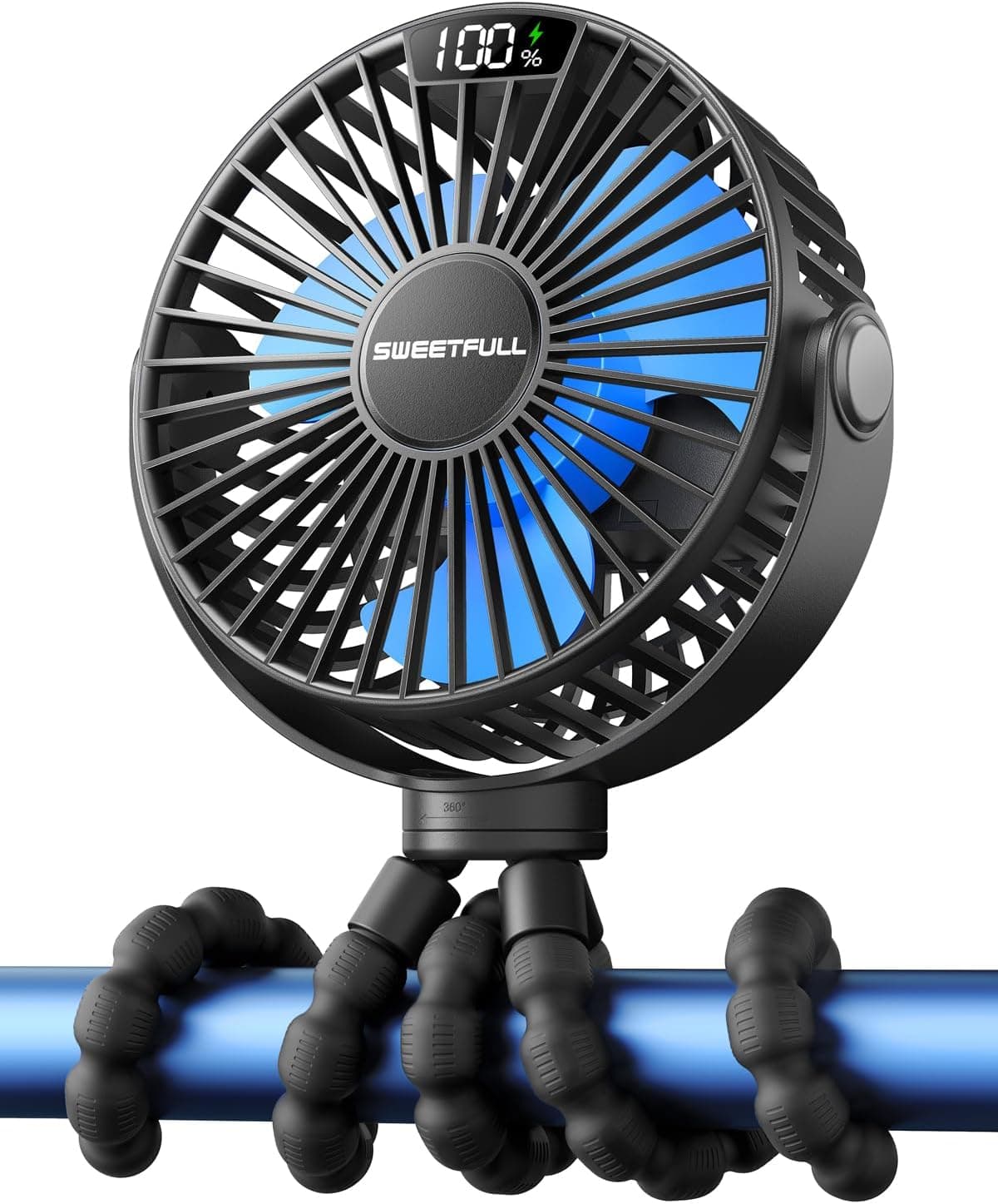 SWEETFULL Portable Stroller Fan with LED Display, 4 Speed Rechargeable Mini Clip On Fan, 360° Tripod