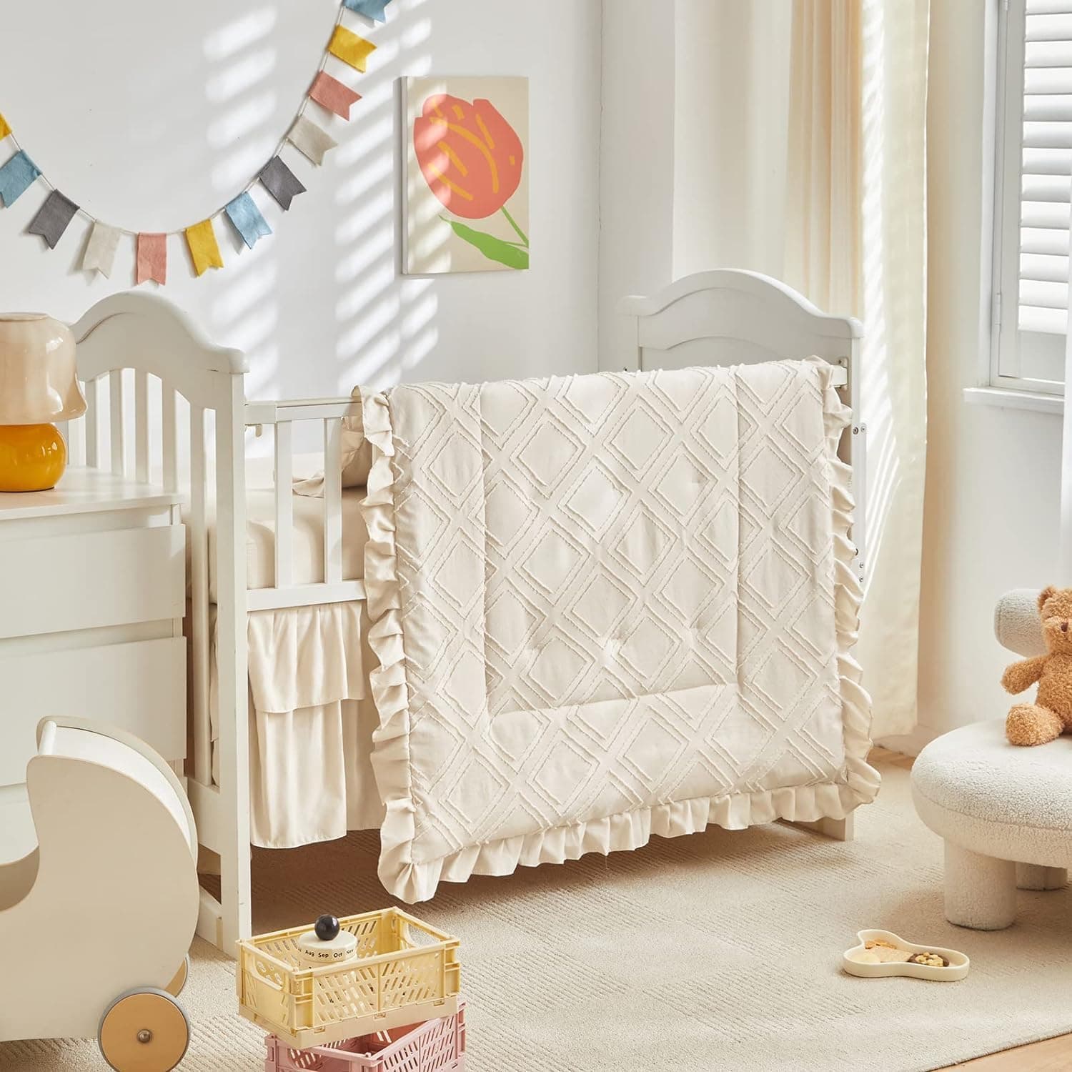 Mini Crib Bedding Set 3 Pieces Boho Quilted Tufted Ruffles Comforter, Cream White