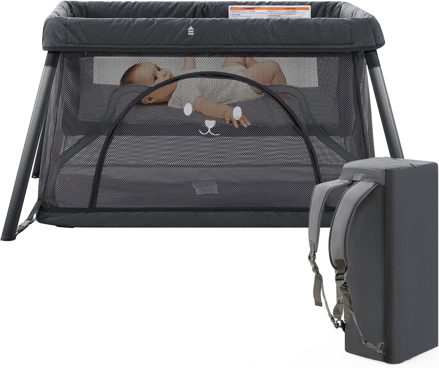 Sporary Travel Crib, Portable Crib for Baby, Pack and Play, Lightweight Backpack Design, Foldable with Mattress (Dark Grey)