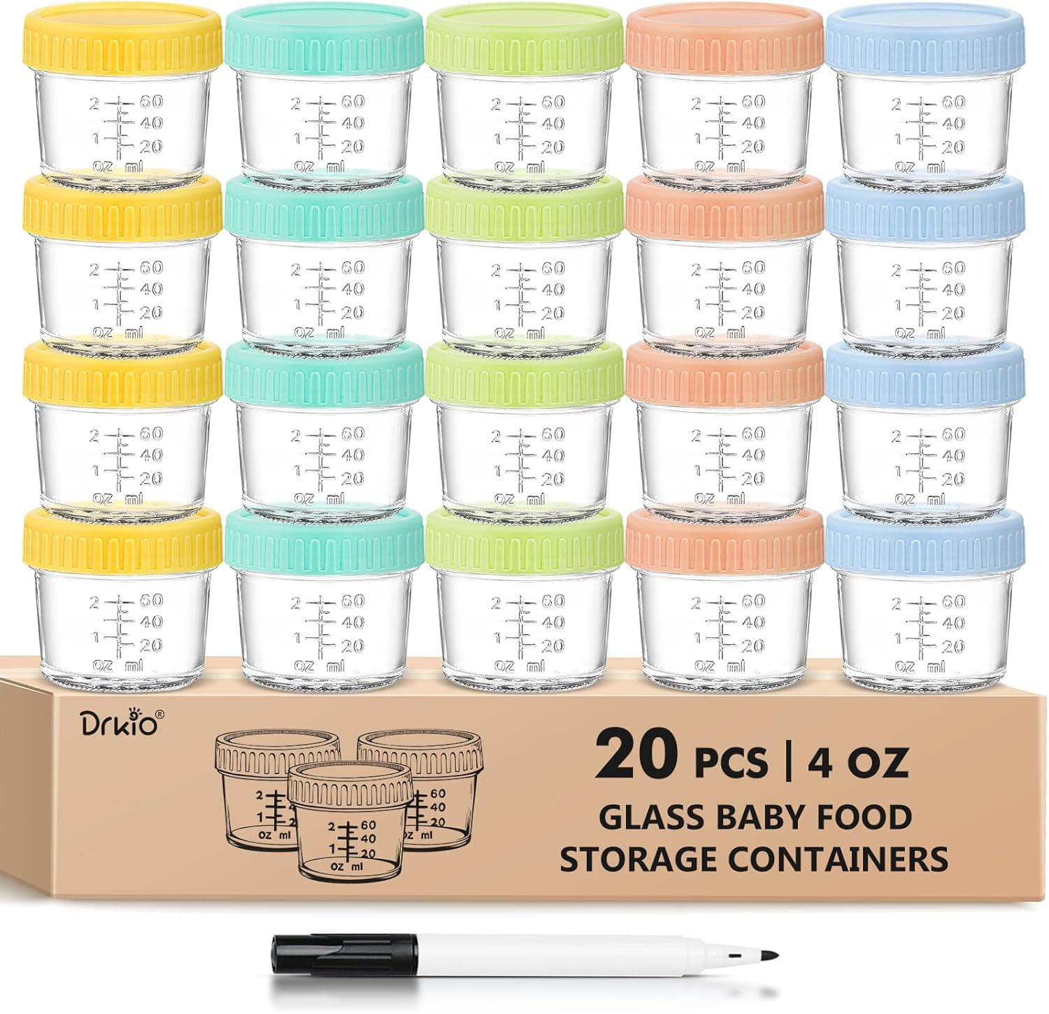 DRKIO 20 Pack Glass Baby Food Storage Containers 4 Oz with Lids, Microwave Dishwasher Freezer Safe, 100% Leak-Proof BPA Free