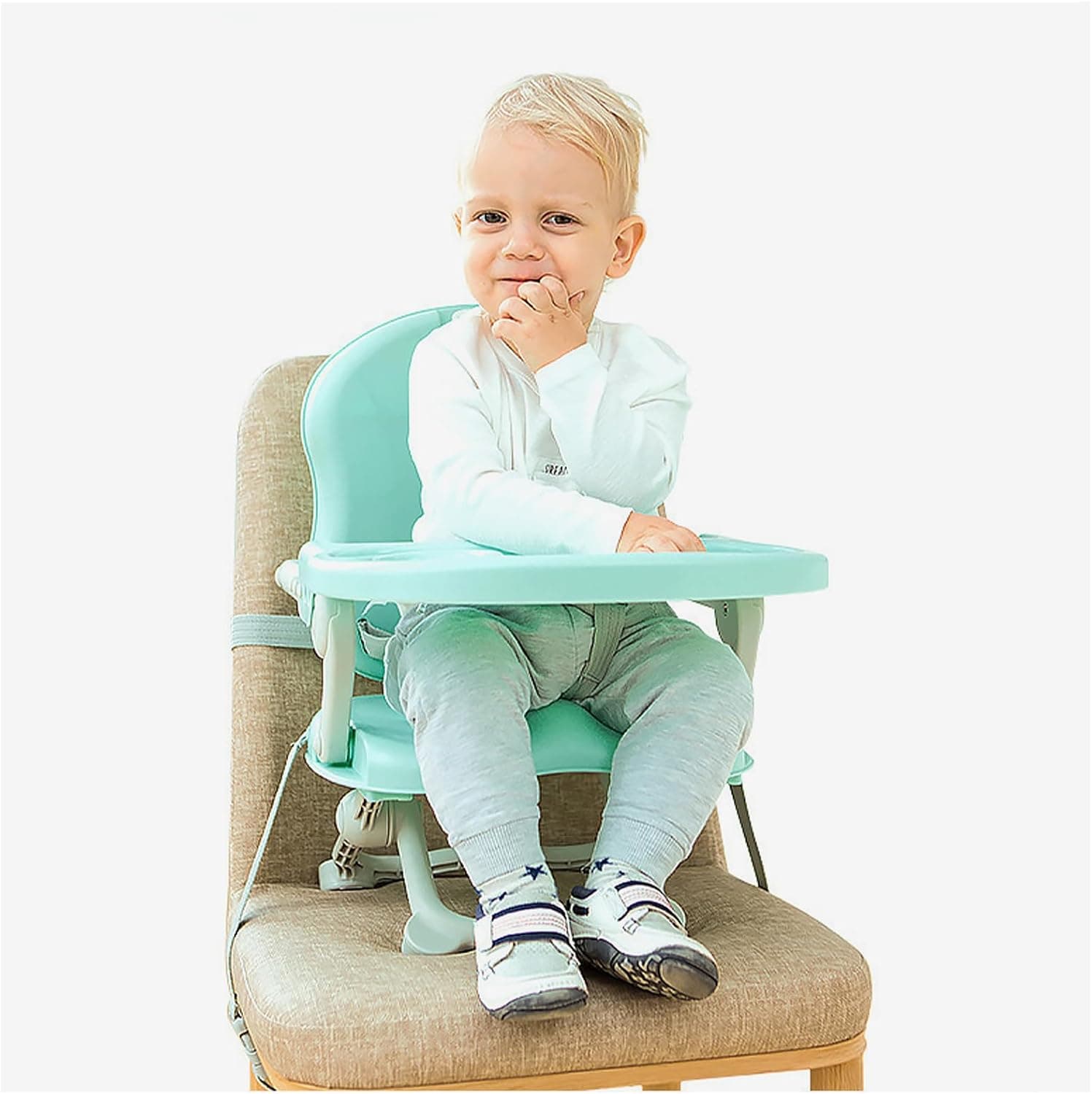 SoQte Foldable Baby Booster Seat for Dining Table with Removable Tray, 4 Adjustable Heights